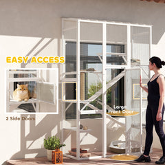PawHut Outdoor Catio Cat Enclosure, Large Wooden Cat House with 6 Jumping Platforms, Scratching Post, 2 Ramps, for 2-3 Kittens