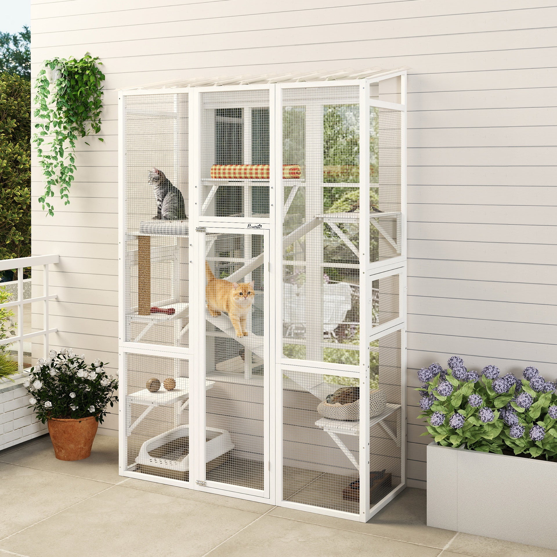 PawHut Outdoor Catio Cat Enclosure, Large Wooden Cat House with 6 Jumping Platforms, Scratching Post, 2 Ramps, for 2-3 Kittens