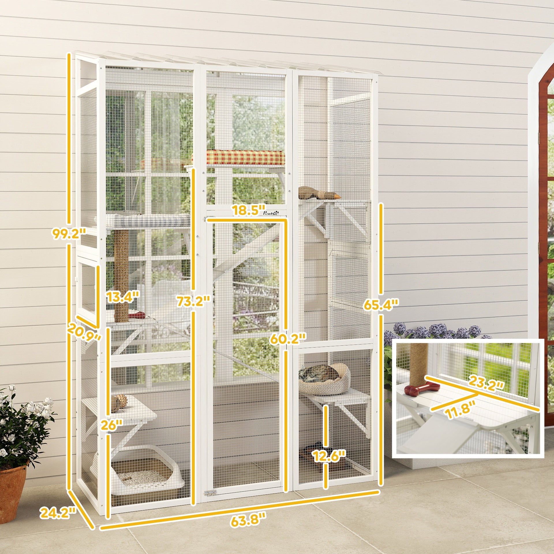 PawHut Outdoor Catio Cat Enclosure, Large Wooden Cat House with 6 Jumping Platforms, Scratching Post, 2 Ramps, for 2-3 Kittens