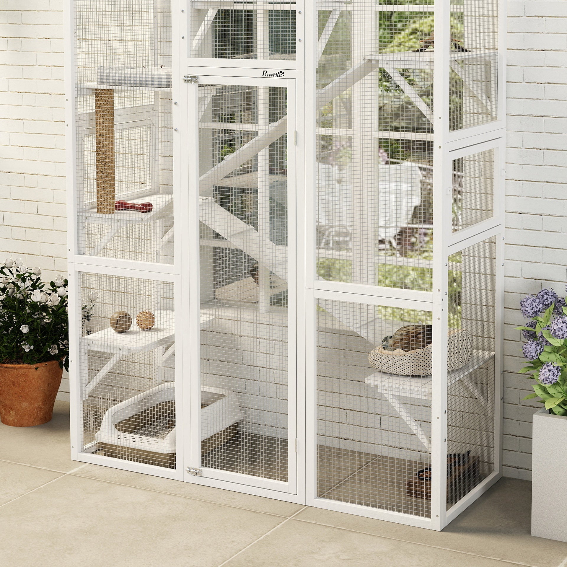 PawHut Outdoor Catio Cat Enclosure, Large Wooden Cat House with 6 Jumping Platforms, Scratching Post, 2 Ramps, for 2-3 Kittens
