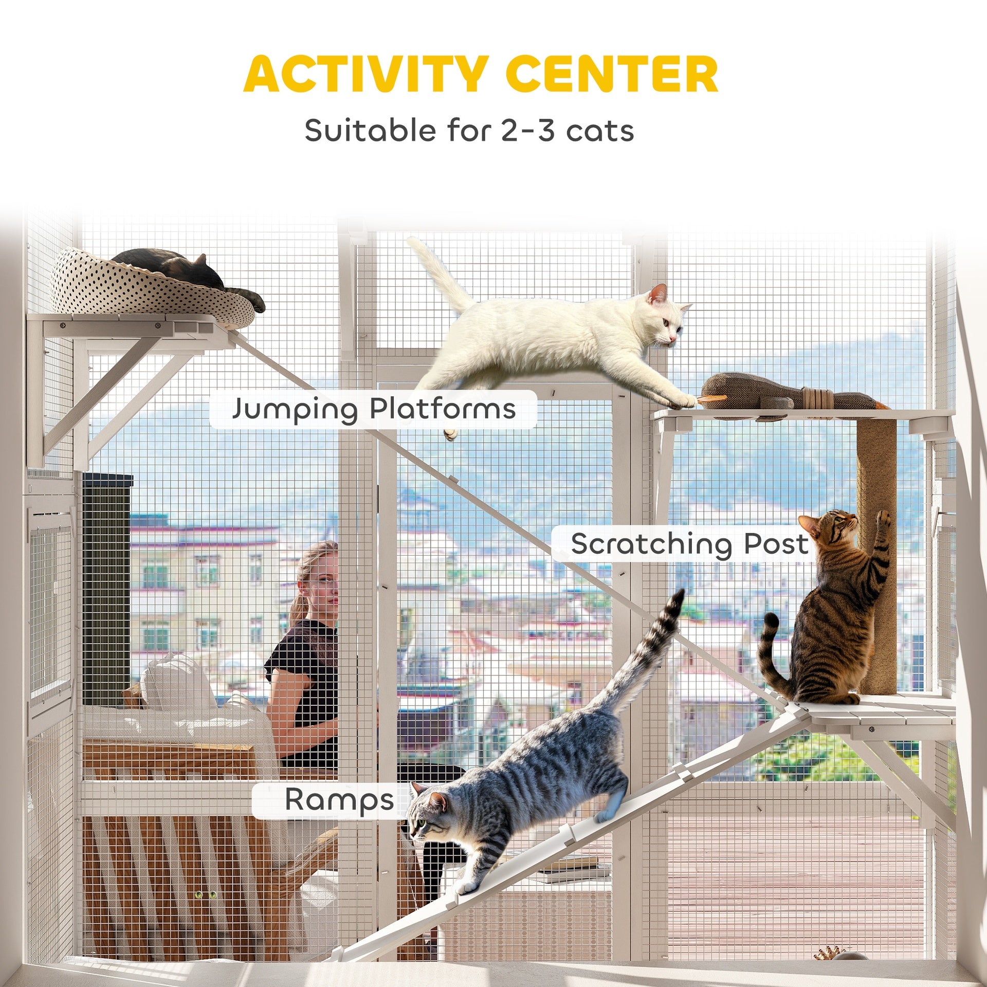 PawHut Outdoor Catio Cat Enclosure, Large Wooden Cat House with 6 Jumping Platforms, Scratching Post, 2 Ramps, for 2-3 Kittens