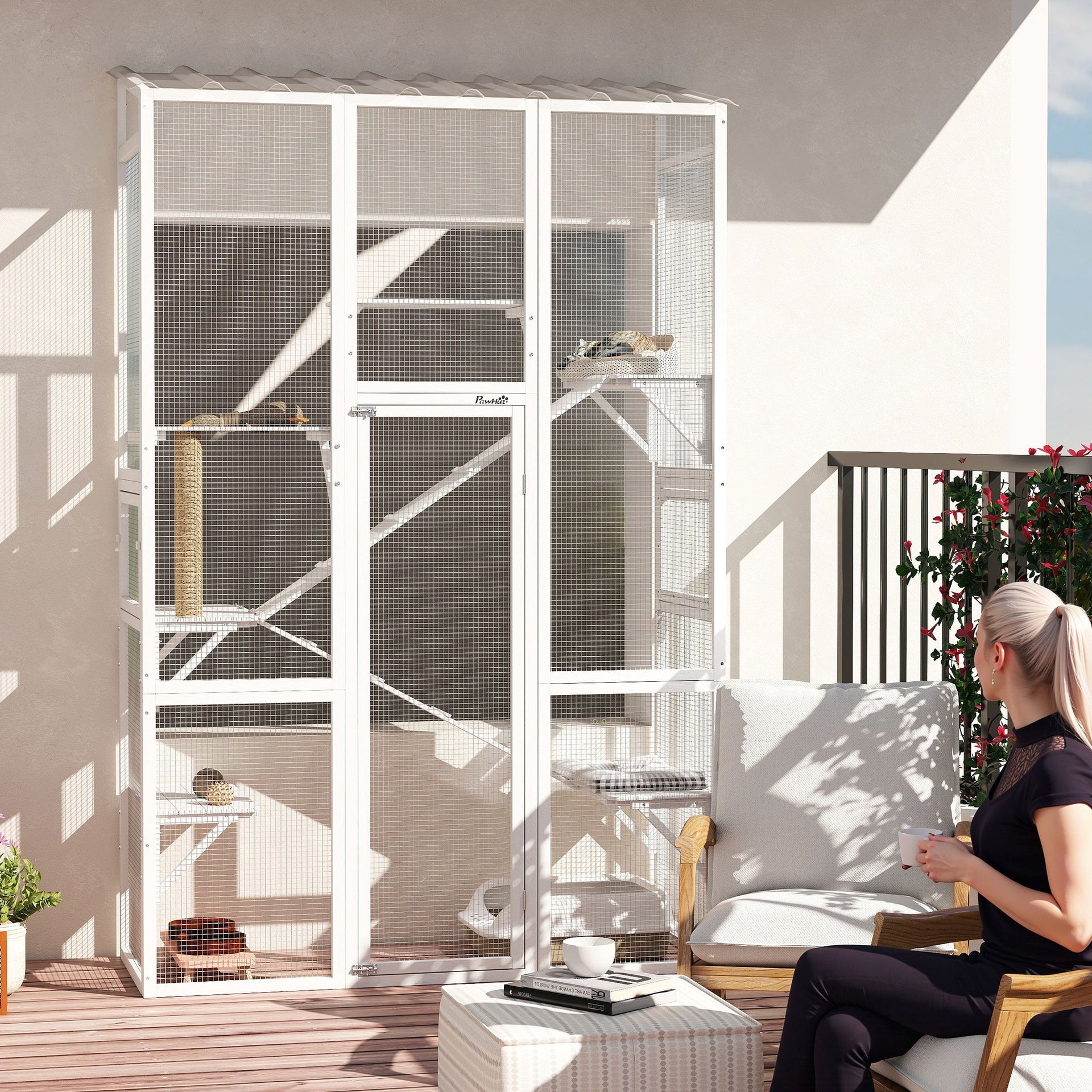 PawHut Outdoor Catio Cat Enclosure, Large Wooden Cat House with 6 Jumping Platforms, Scratching Post, 2 Ramps, for 2-3 Kittens