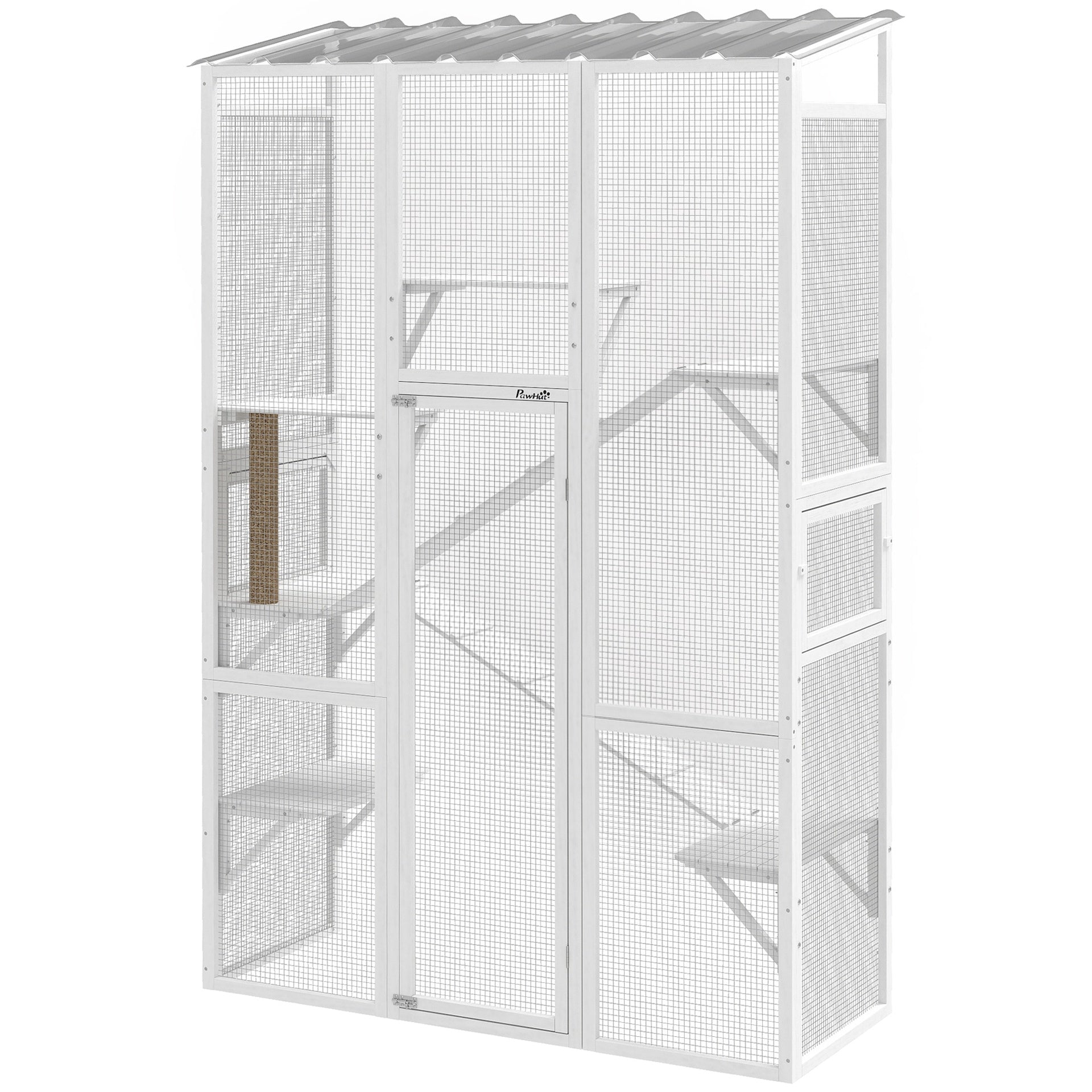 PawHut Outdoor Catio Cat Enclosure, Large Wooden Cat House with 6 Jumping Platforms, Scratching Post, 2 Ramps, for 2-3 Kittens