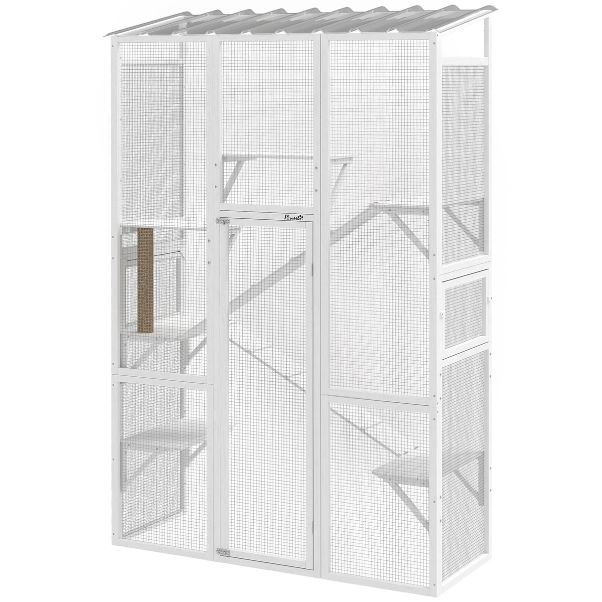 PawHut Outdoor Catio Cat Enclosure, Large Wooden Cat House with 6 Jumping Platforms, Scratching Post, 2 Ramps, for 2-3 Kittens