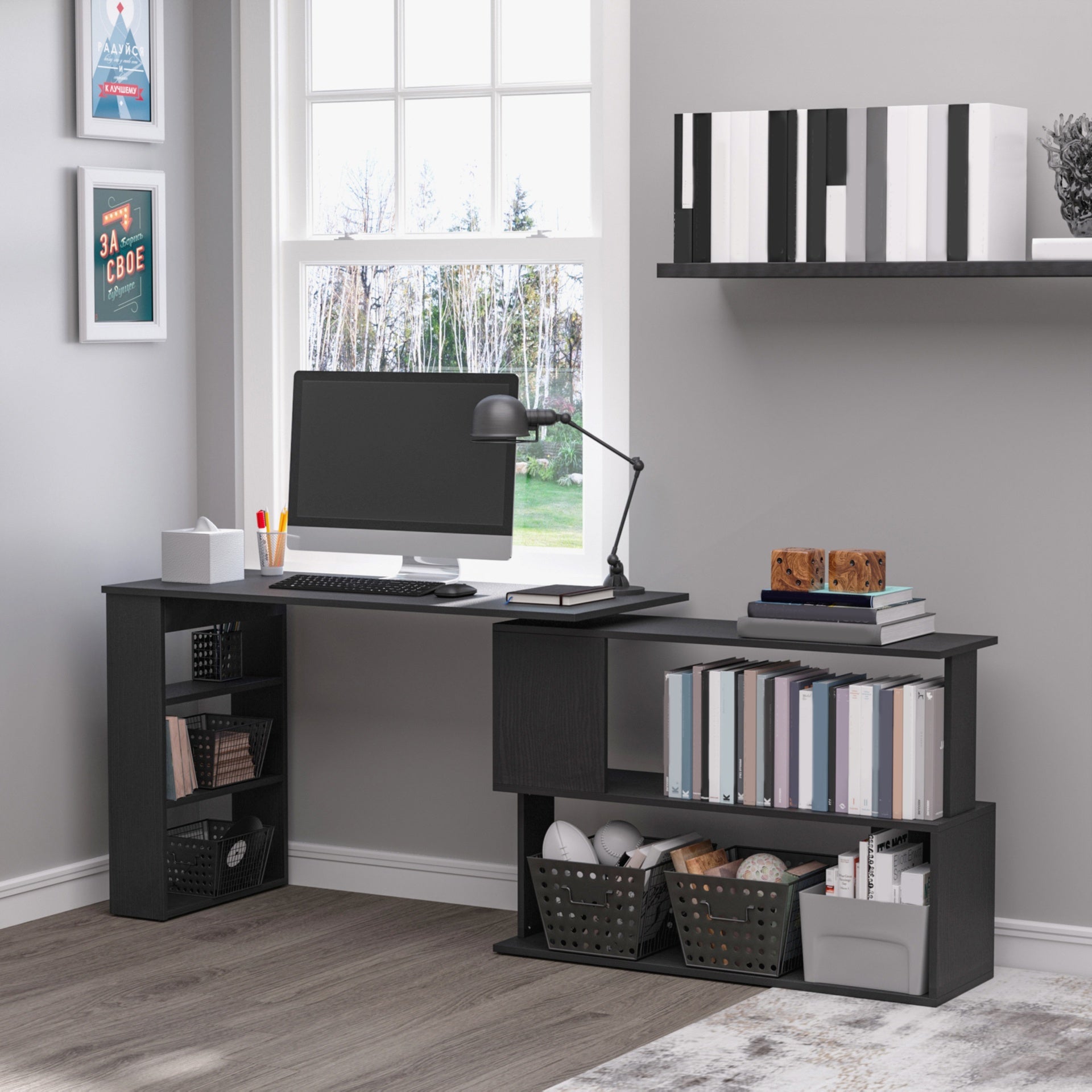HOMCOM 360° Rotating Home Office Desk L Shaped Corner Computer Desk with Storage Shelves, Writing Table Workstation, Black