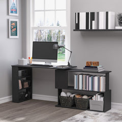 HOMCOM 360° Rotating Home Office Desk L Shaped Corner Computer Desk with Storage Shelves, Writing Table Workstation, Black