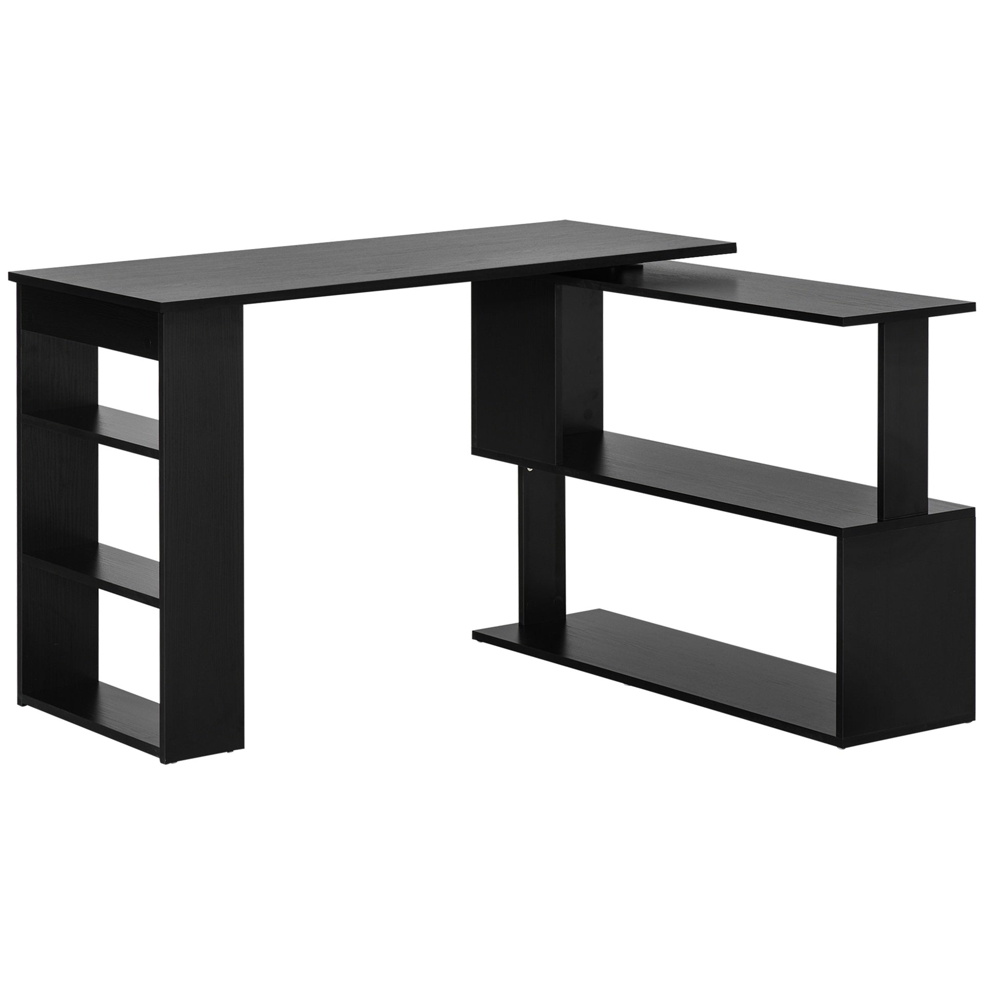 HOMCOM 360° Rotating Home Office Desk L Shaped Corner Computer Desk with Storage Shelves, Writing Table Workstation, Black