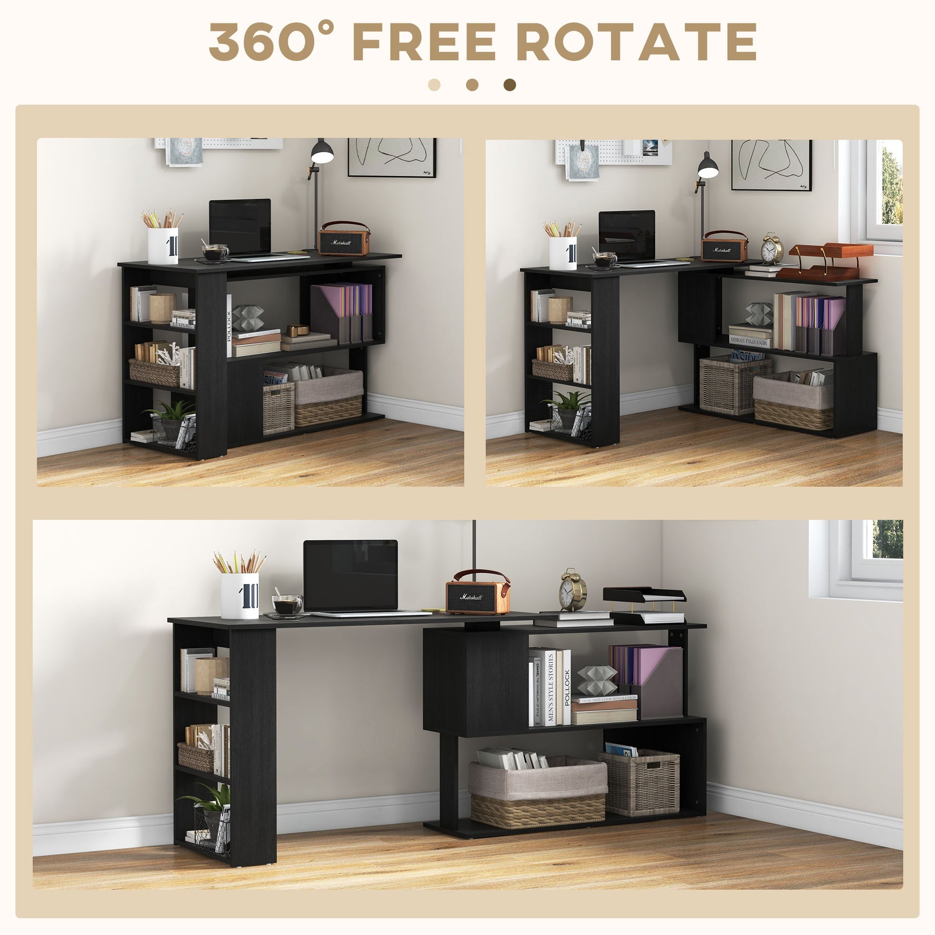HOMCOM 360° Rotating Home Office Desk L Shaped Corner Computer Desk with Storage Shelves, Writing Table Workstation, Black