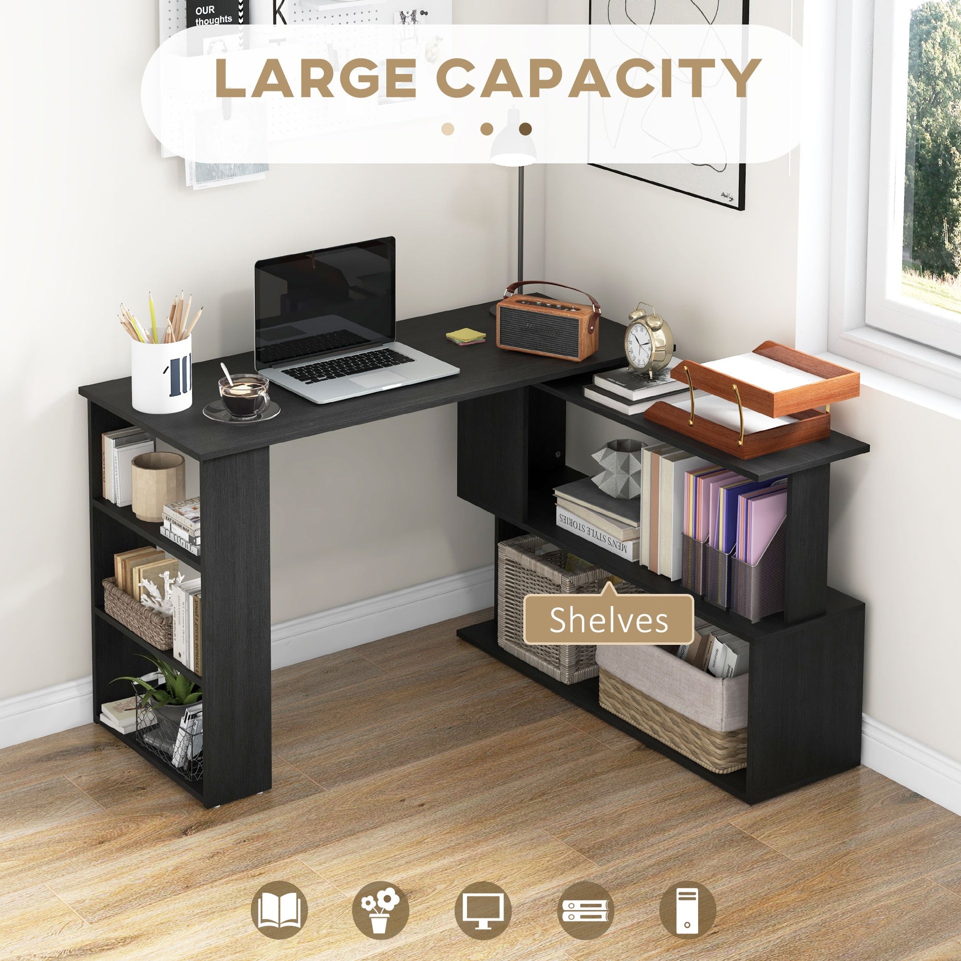 HOMCOM 360° Rotating Home Office Desk L Shaped Corner Computer Desk with Storage Shelves, Writing Table Workstation, Black