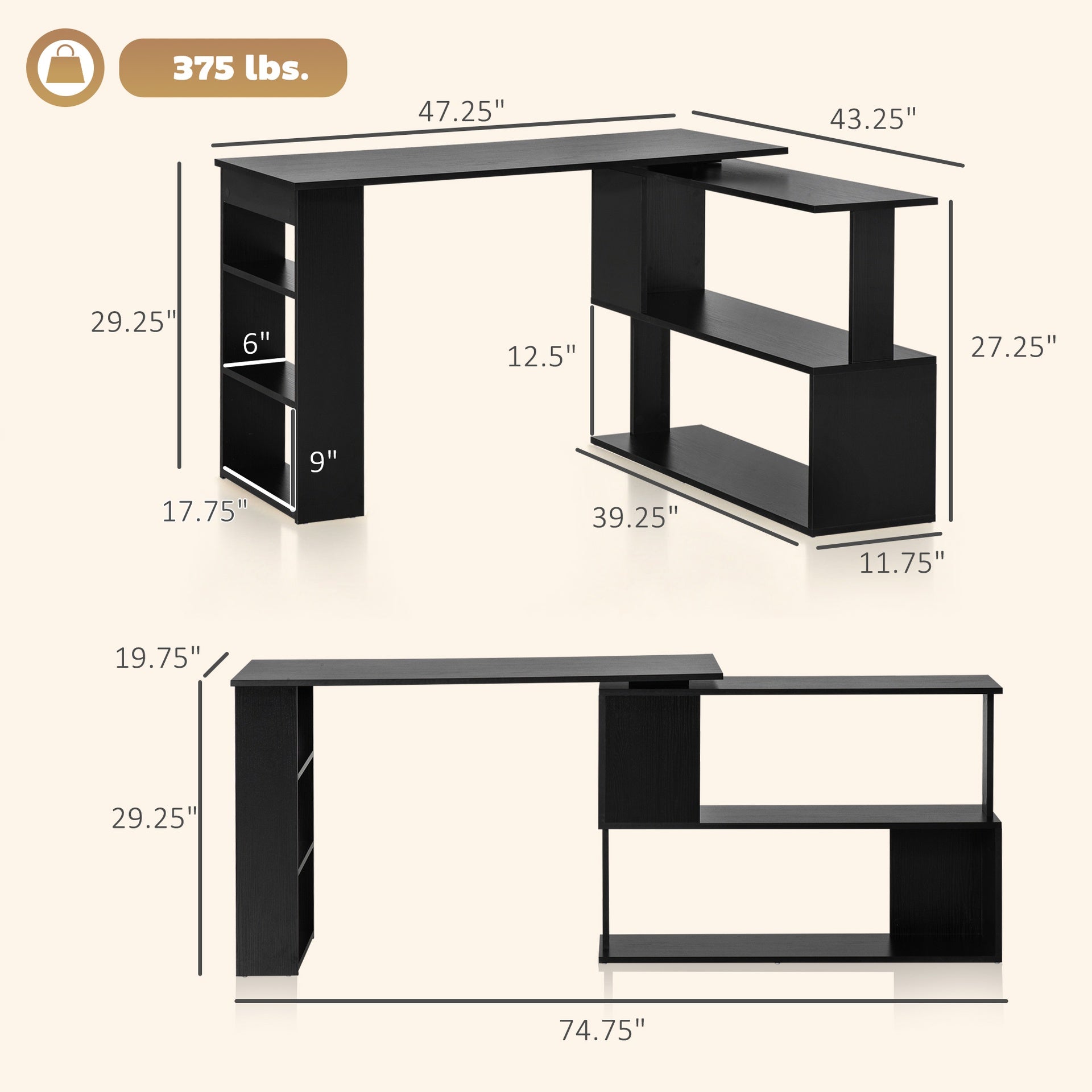 HOMCOM 360° Rotating Home Office Desk L Shaped Corner Computer Desk with Storage Shelves, Writing Table Workstation, Black