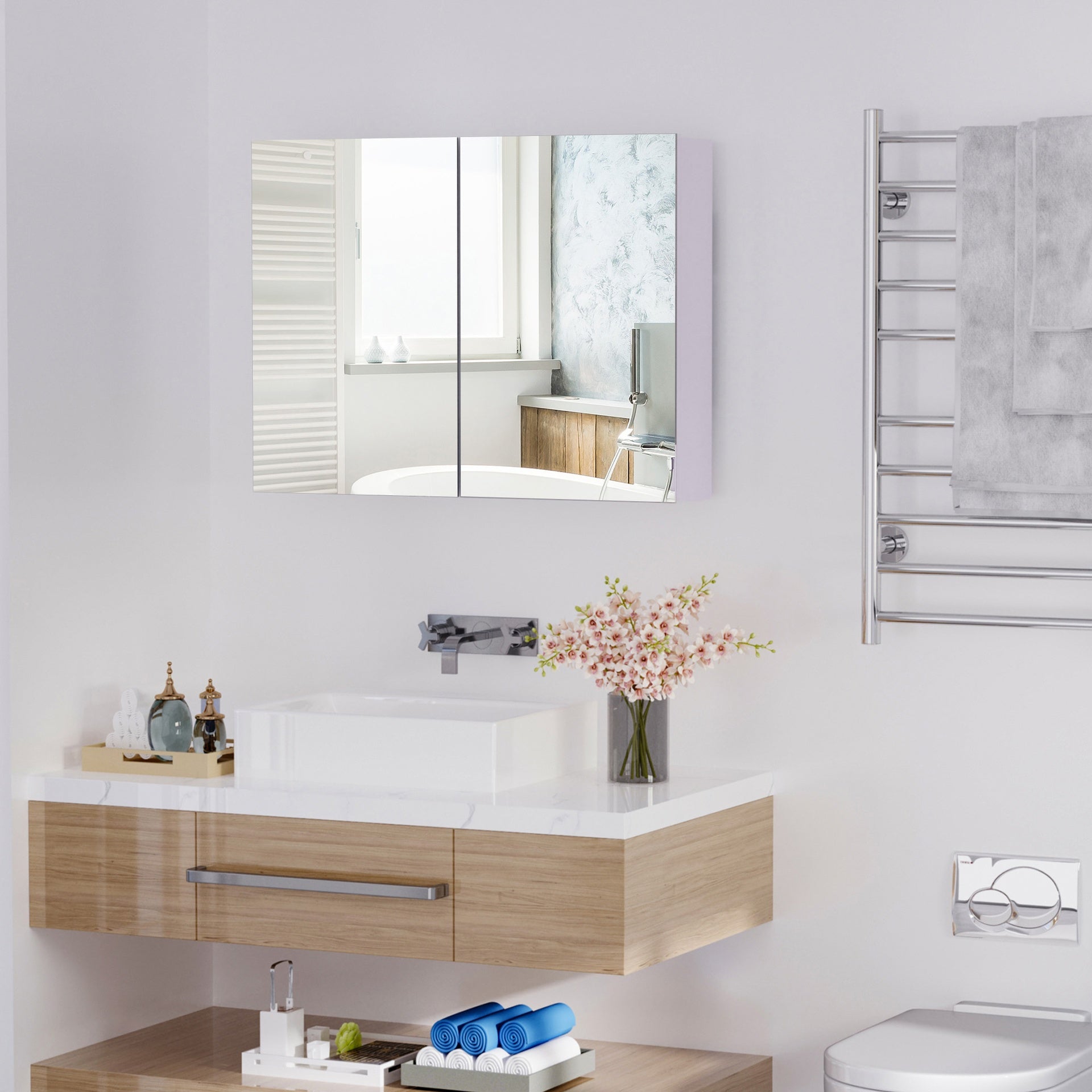 HOMCOM Double Door Wall Mounted Bathroom Mirror, 31.5" x 23.5" Medicine Cabinet with Modern Design, Large Storage, & Quiet Hinges