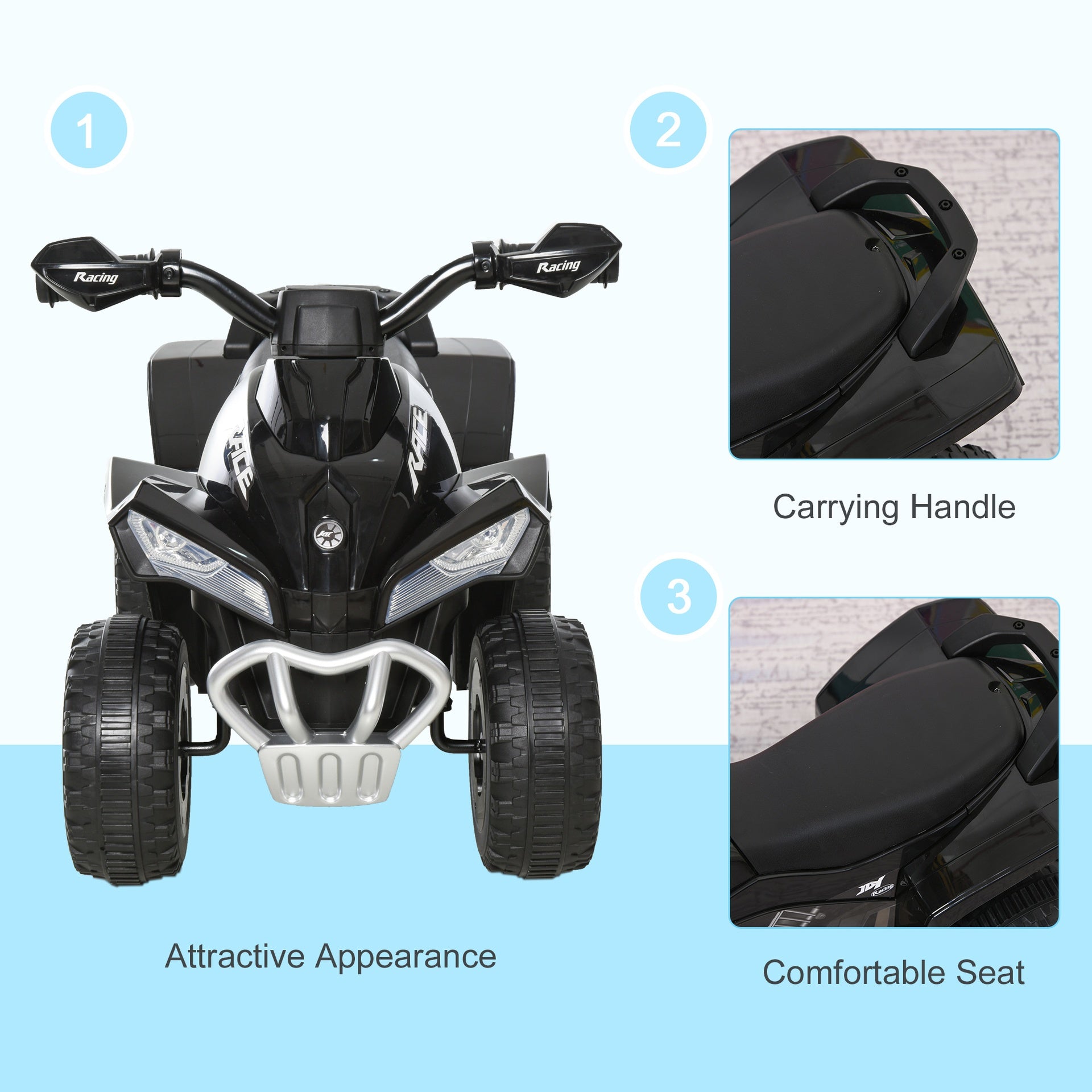 Aosom NO Power Kids Ride On Push Car, Ride Racer, Foot-to-floor Sliding Car, Walking ATV Toy with Music, Lights, for 1.5-3 Years Old, Black