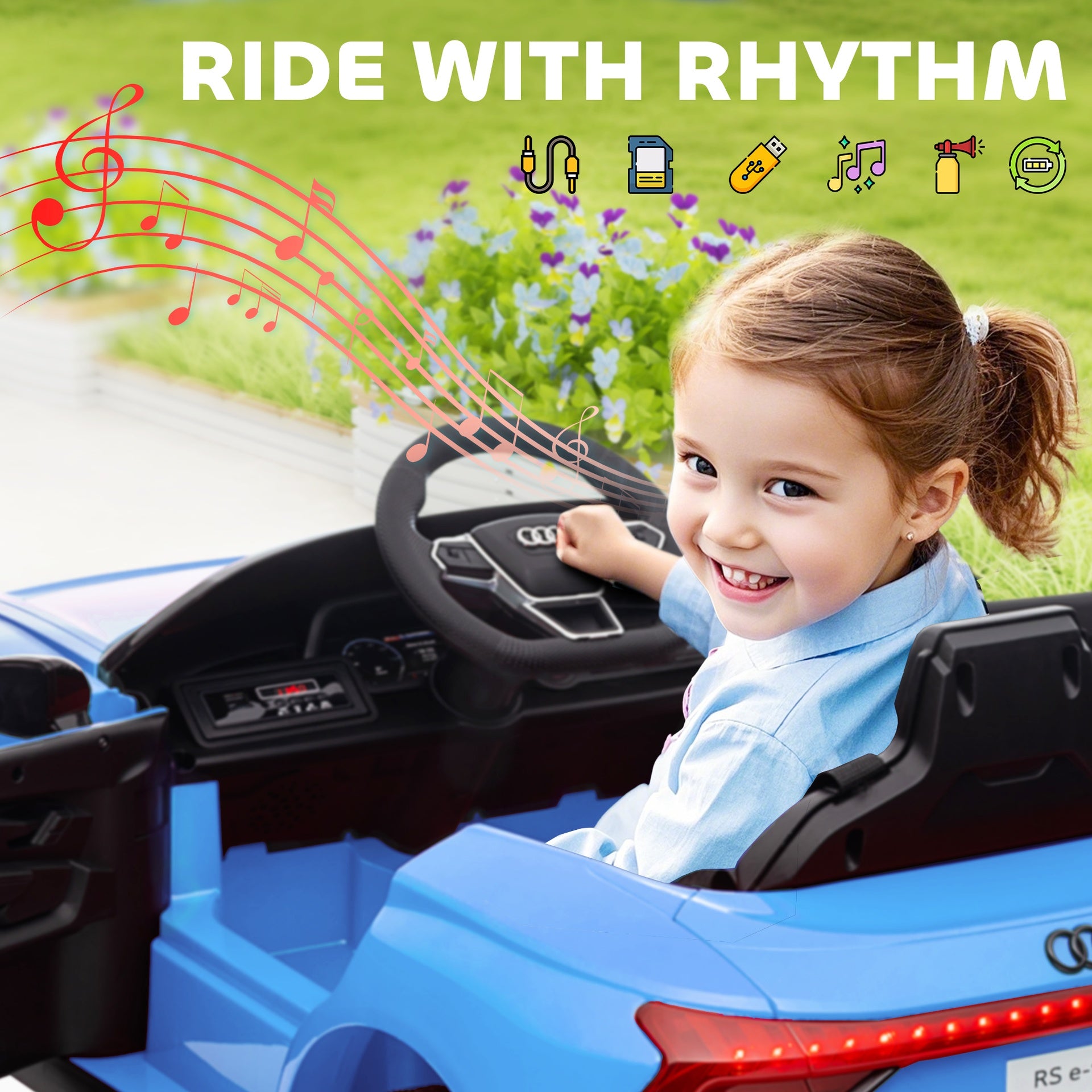 Aosom Electric Car for Kids, 12V Licensed Audi RS E-tron GT 3.1 MPH Kids Ride on Car, Ride-on Toy with Remote Control, 4 Suspension Wheels, Horn, Music, Lights, for Boys and Girls, Blue