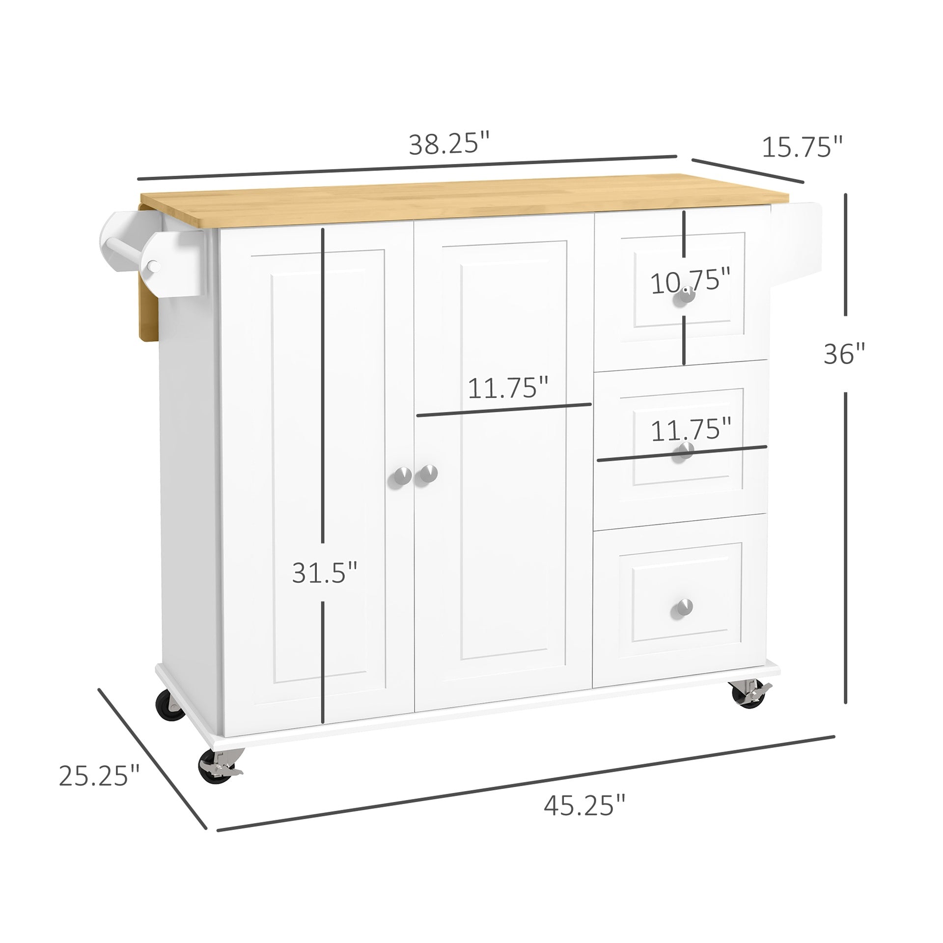 HOMCOM Kitchen Island with Drop Leaf, Rolling Kitchen Cart on Wheels with 3 Drawers, Cabinet, Natural Wood Top, Spice Rack and Towel Rack, White