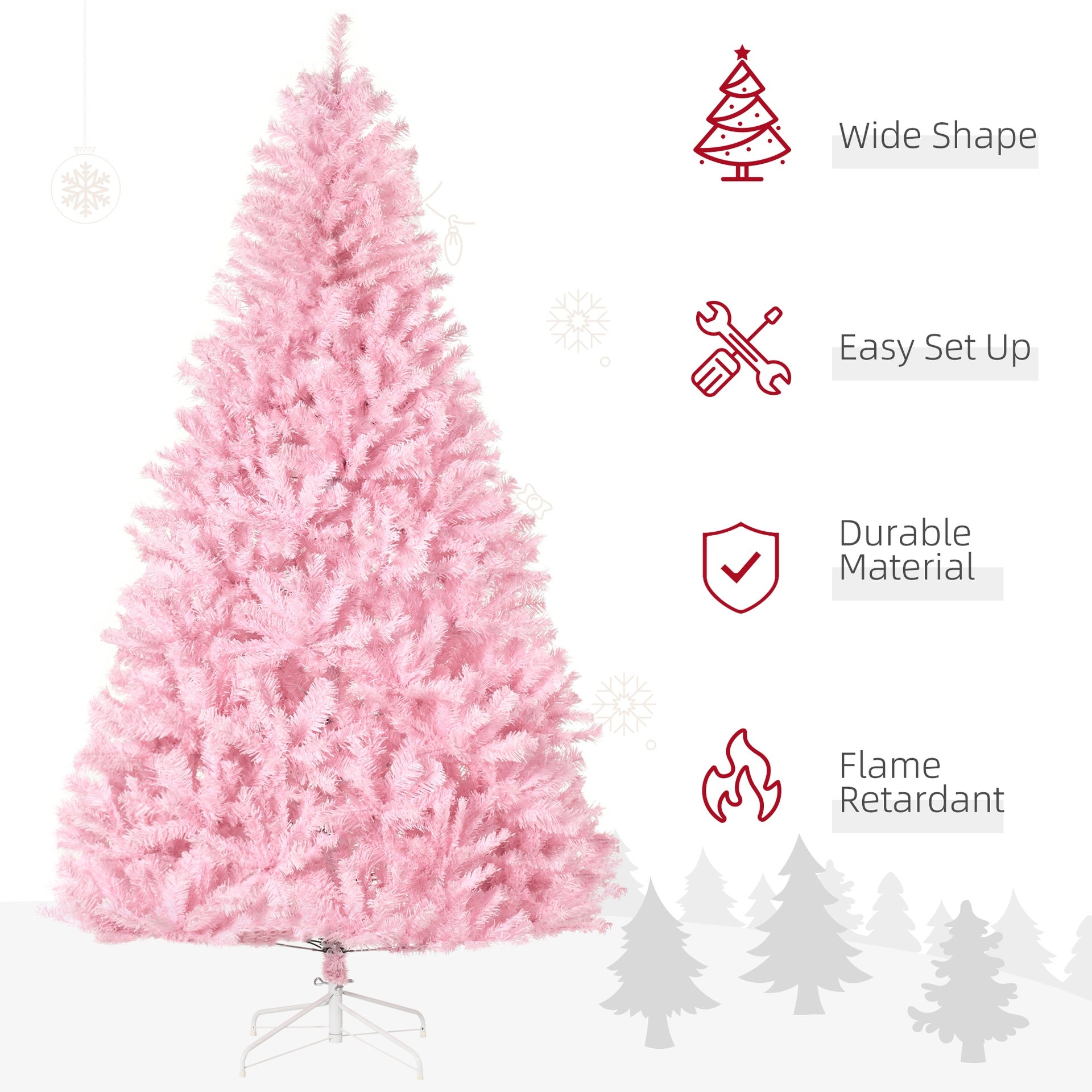 HOMCOM 7' Artificial Pink Christmas Trees, with Auto Open, Steel Base, Wide Shape for Indoor Xmas Decoration