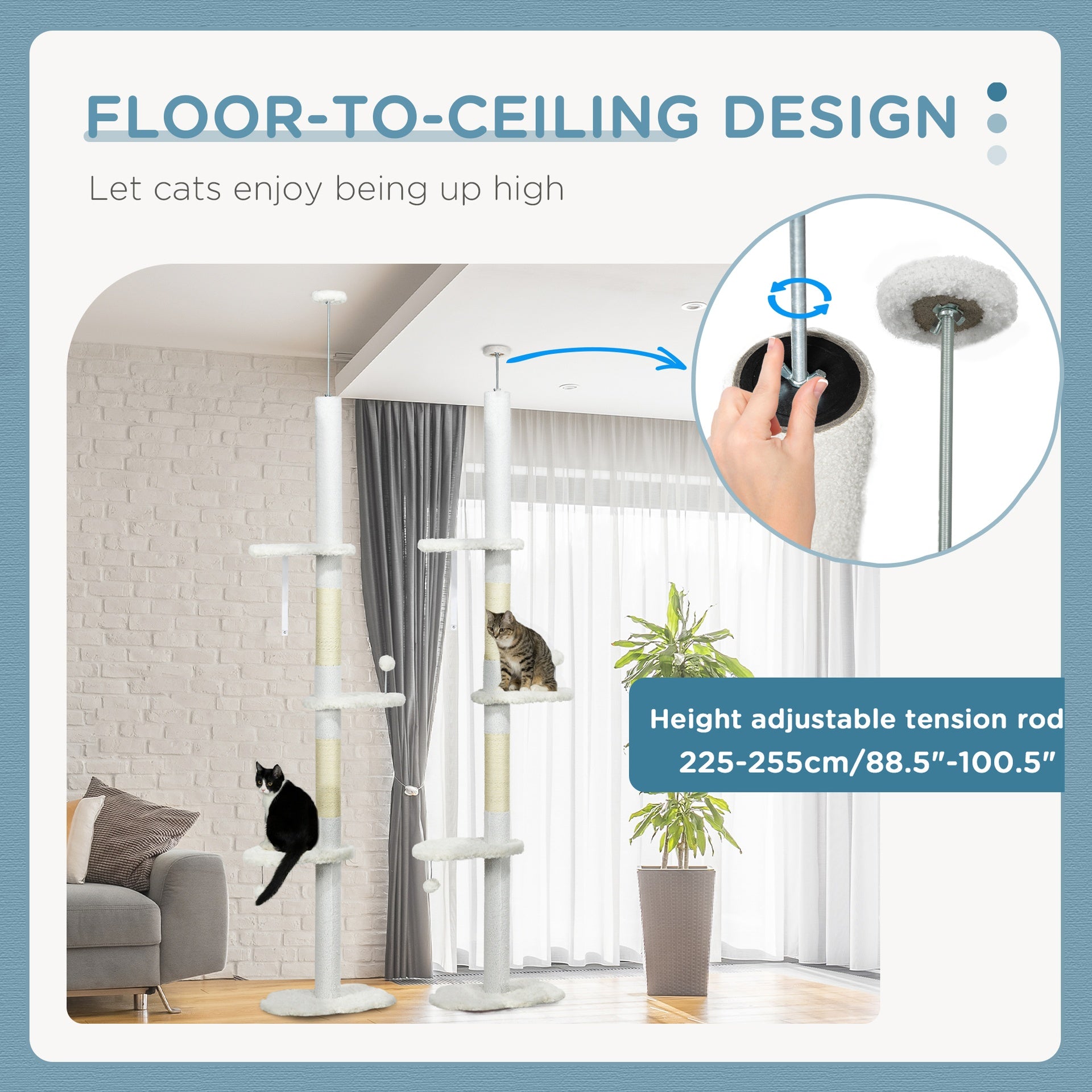 PawHut 8.4' Floor to Ceiling Cat Tree, Adjustable Height, White