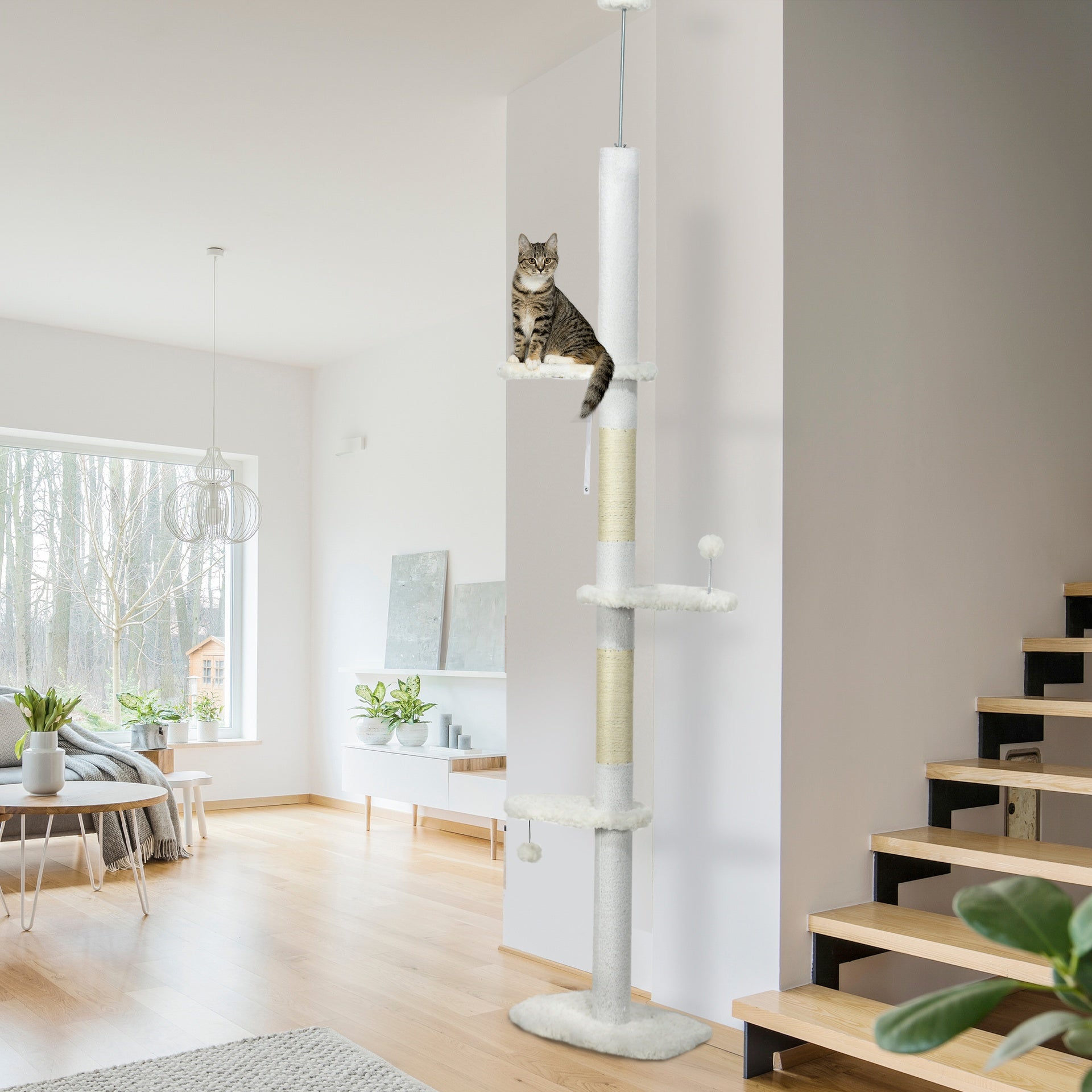 PawHut 8.4' Floor to Ceiling Cat Tree, Adjustable Height, White
