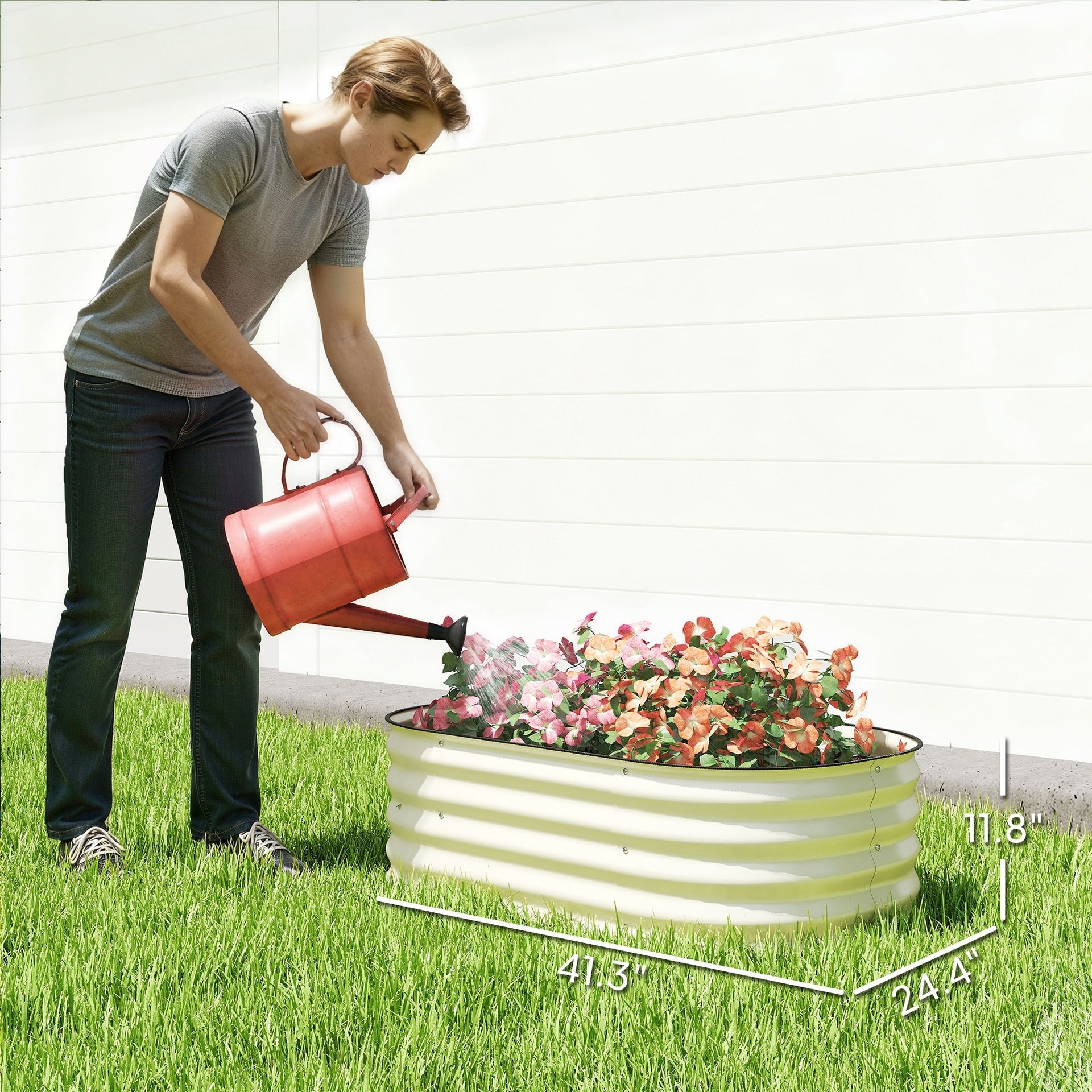 Outsunny 3.4' x 2' x 1' Galvanized Raised Garden Bed Kit, Metal Planter Box with Safety Edging, Cream