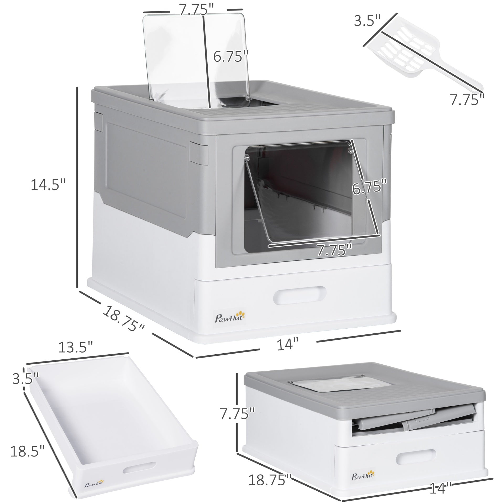 PawHut Fully Enclosed Cat Litter Box with Front Entry and Top Exit, Plastic, Gray & White