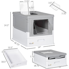 PawHut Fully Enclosed Cat Litter Box with Front Entry and Top Exit, Plastic, Gray & White