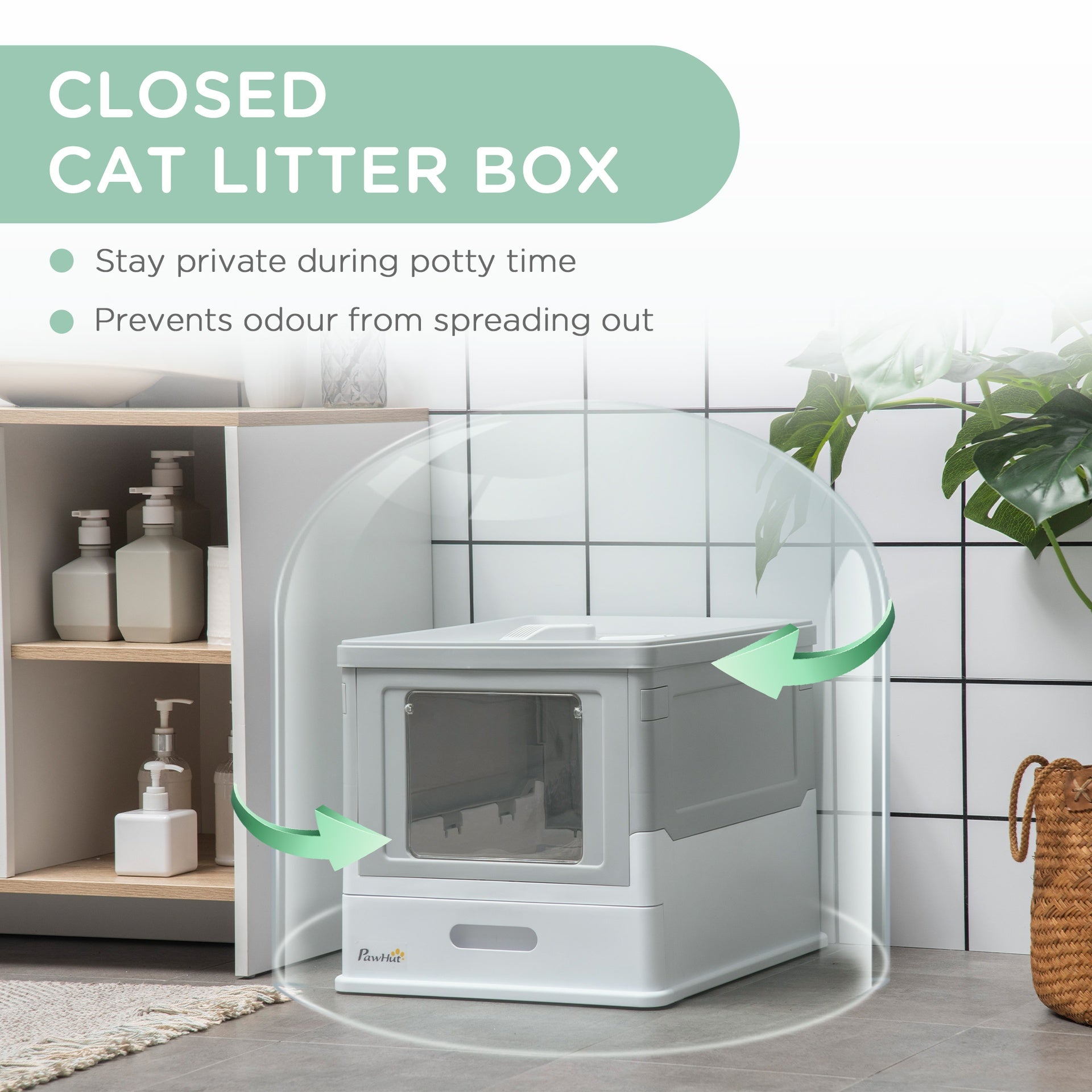 PawHut Fully Enclosed Cat Litter Box with Front Entry and Top Exit, Plastic, Gray & White