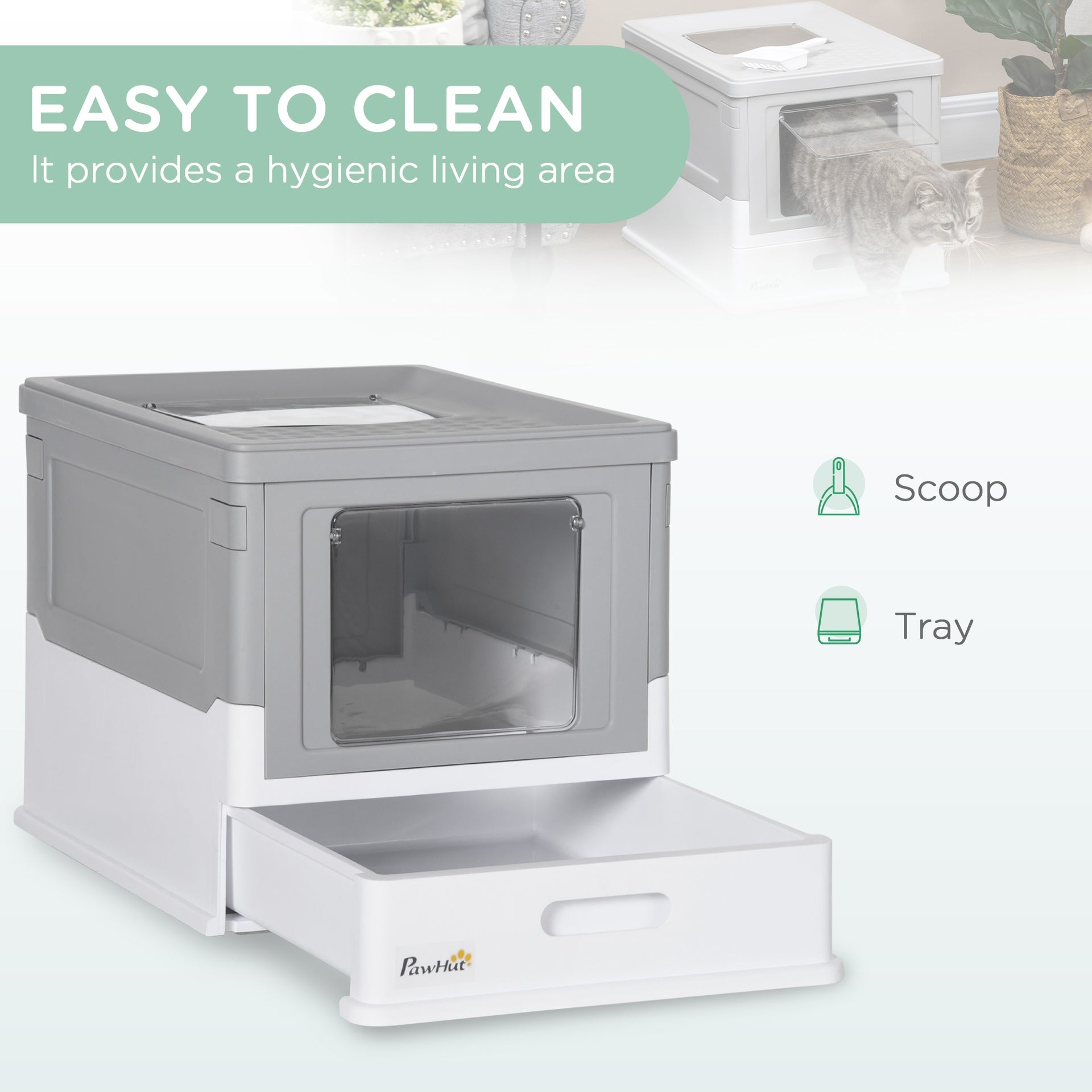 PawHut Fully Enclosed Cat Litter Box with Front Entry and Top Exit, Plastic, Gray & White