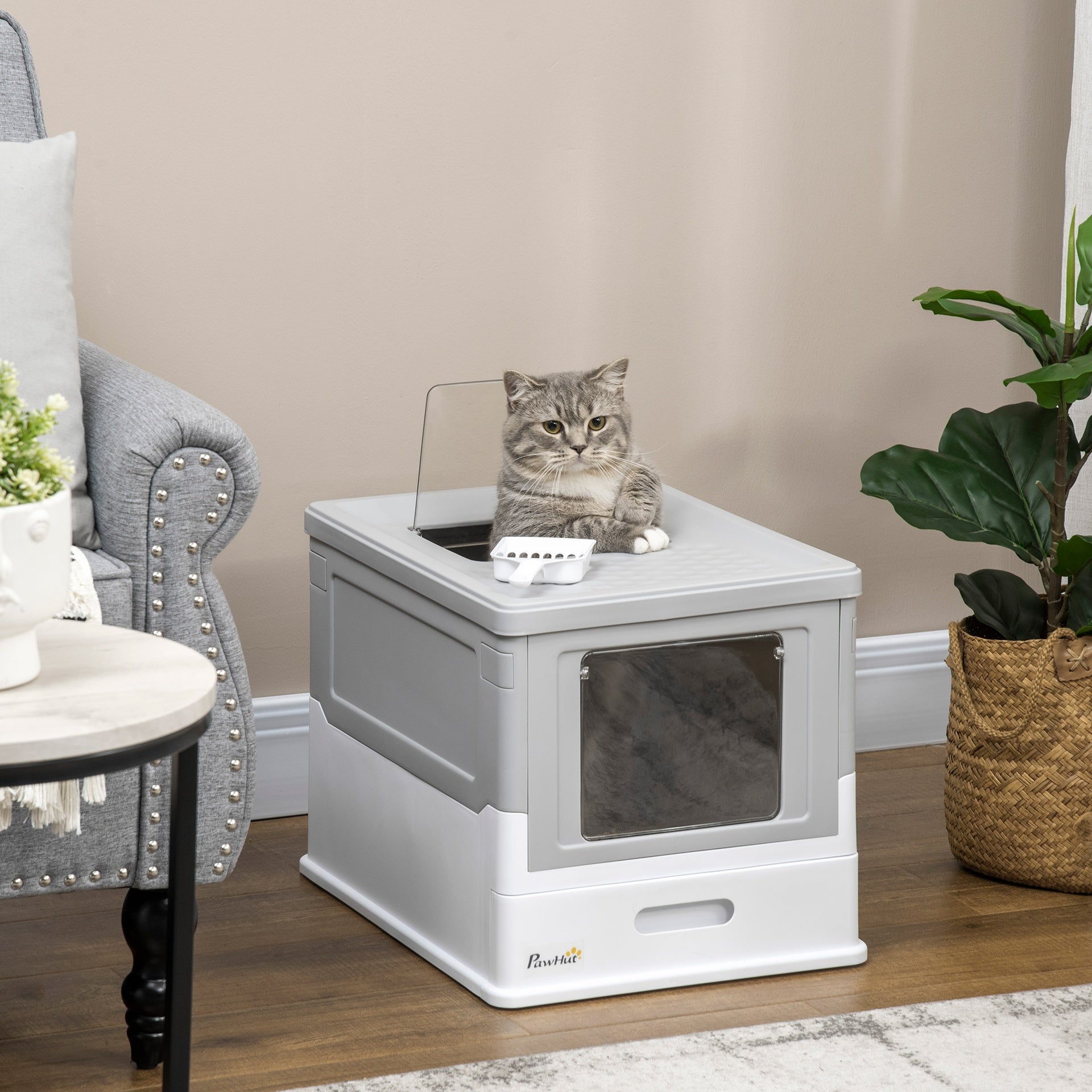PawHut Fully Enclosed Cat Litter Box with Front Entry and Top Exit, Plastic, Gray & White