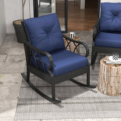 Outsunny 2 Piece Outdoor Wicker Rocking Chairs Rattan Porch Rockers with Cushions, Aluminum Frame for Garden, Patio, Blue
