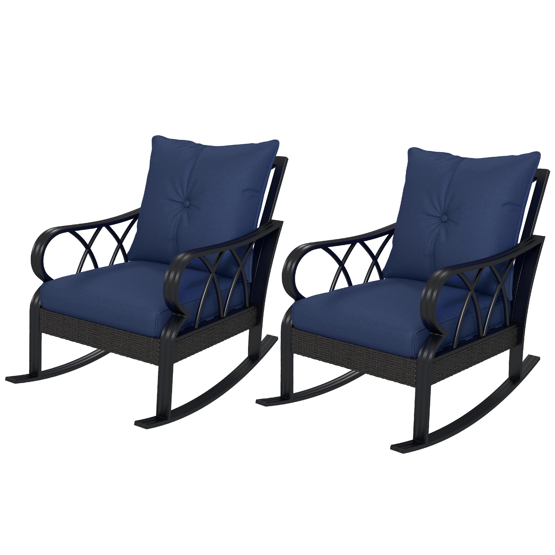 Outsunny 2 Piece Outdoor Wicker Rocking Chairs Rattan Porch Rockers with Cushions, Aluminum Frame for Garden, Patio, Blue