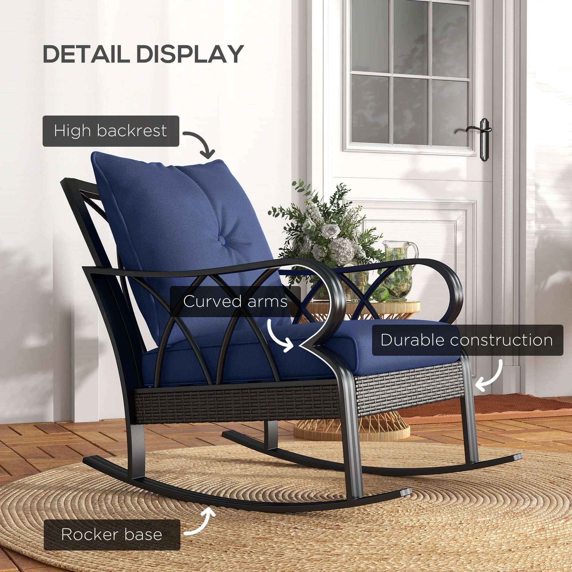 Outsunny 2 Piece Outdoor Wicker Rocking Chairs Rattan Porch Rockers with Cushions, Aluminum Frame for Garden, Patio, Blue