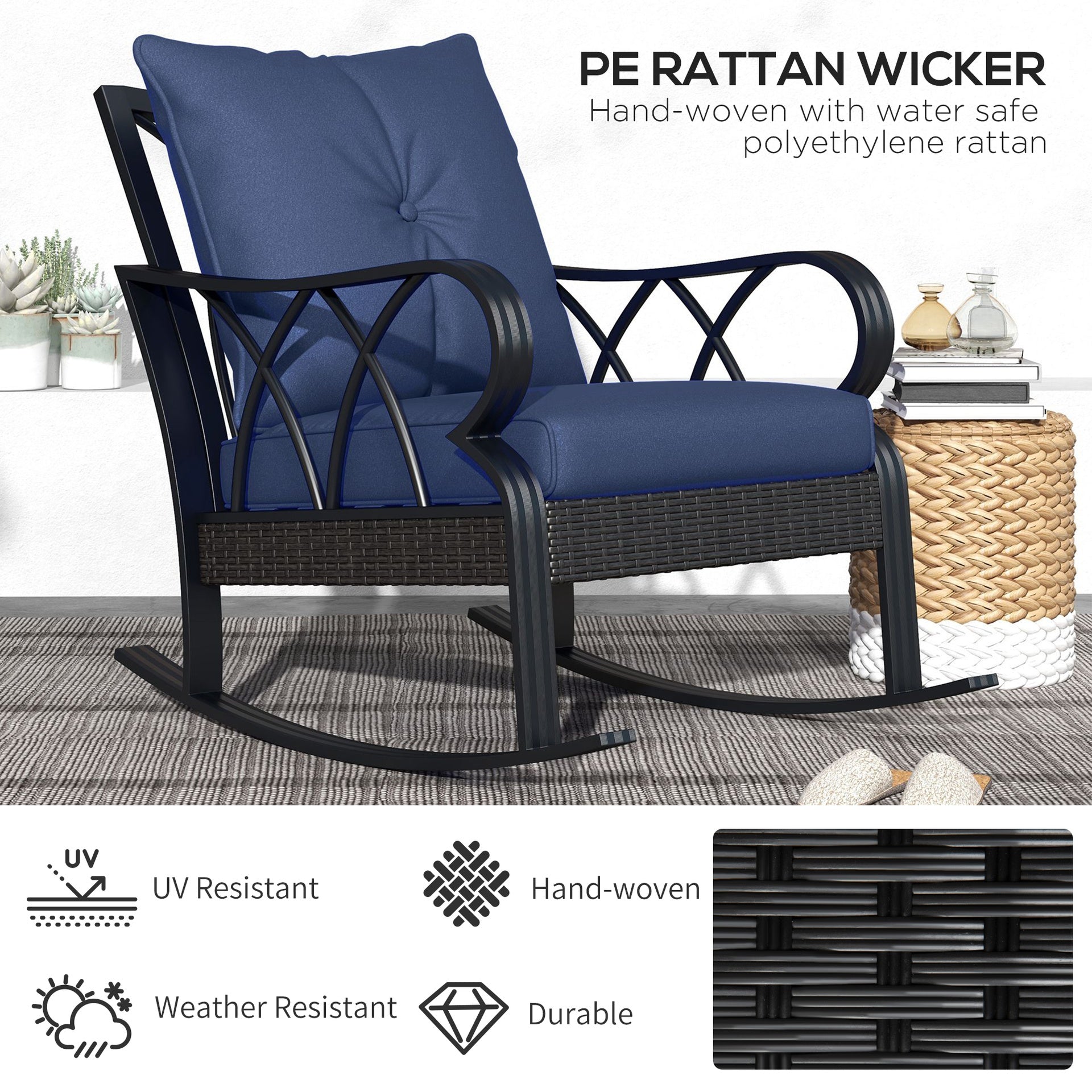 Outsunny 2 Piece Outdoor Wicker Rocking Chairs Rattan Porch Rockers with Cushions, Aluminum Frame for Garden, Patio, Blue
