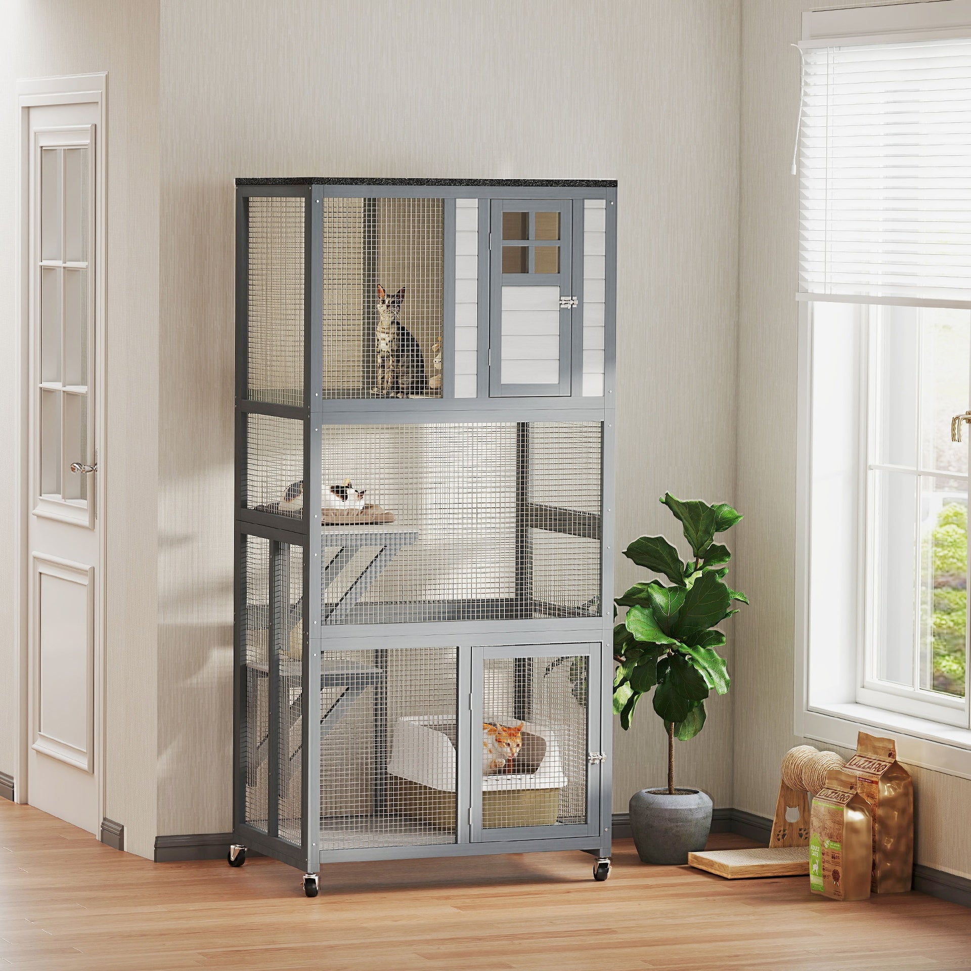 PawHut 74" Wooden Outdoor Cat House Catio with High Weight Capacity, Cat Cage Condo, Dark Gray