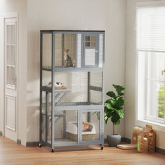 PawHut 74" Wooden Outdoor Cat House Catio with High Weight Capacity, Cat Cage Condo, Dark Gray