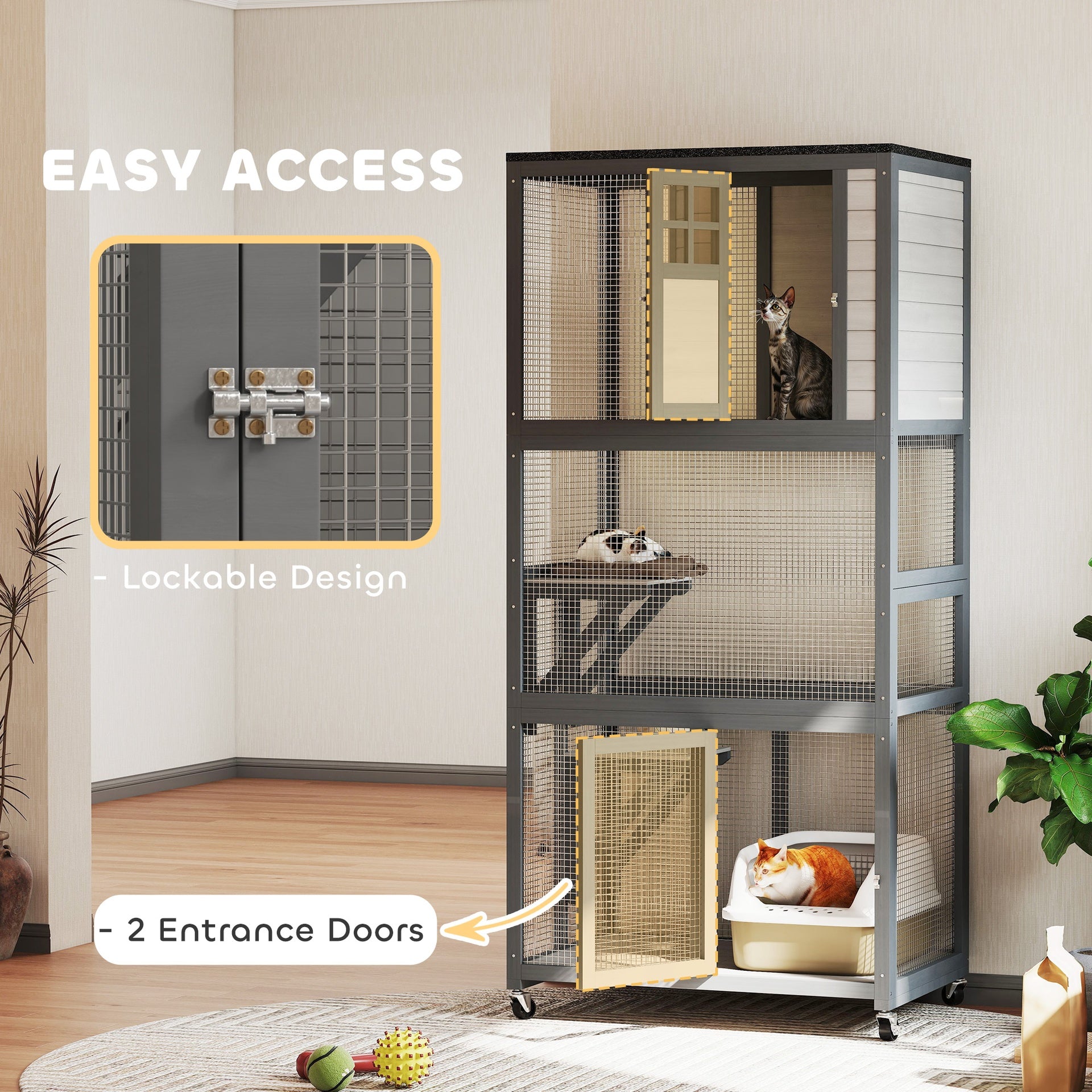 PawHut 74" Wooden Outdoor Cat House Catio with High Weight Capacity, Cat Cage Condo, Dark Gray