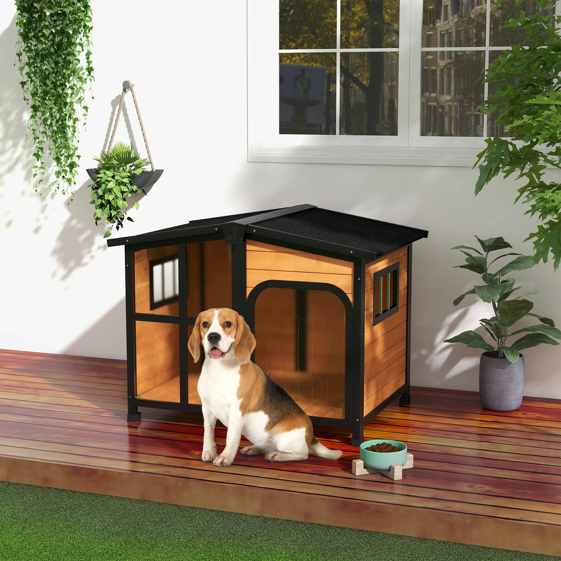 PawHut Cabin-Style Wooden Dog House for Large Dogs with Openable Roof & Giant Window, Yellow