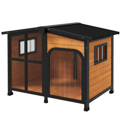 PawHut Cabin-Style Wooden Dog House for Large Dogs with Openable Roof & Giant Window, Yellow