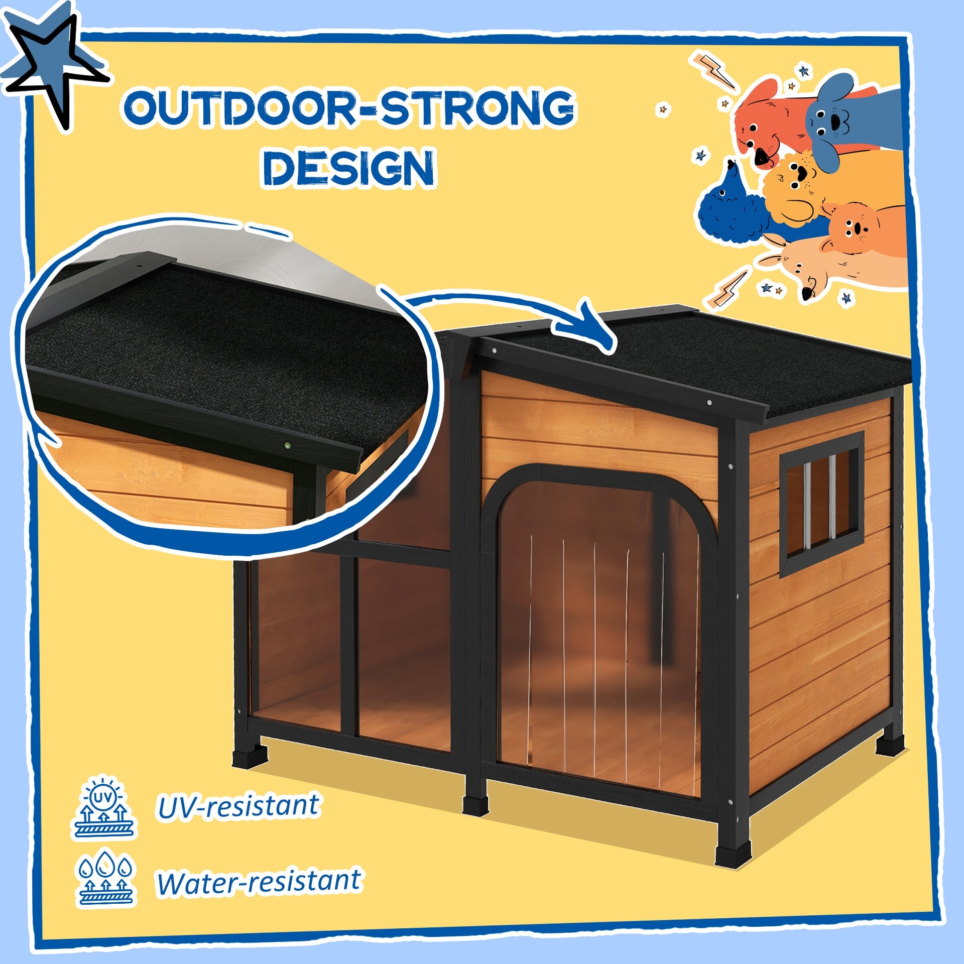 PawHut Cabin-Style Wooden Dog House for Large Dogs with Openable Roof & Giant Window, Yellow
