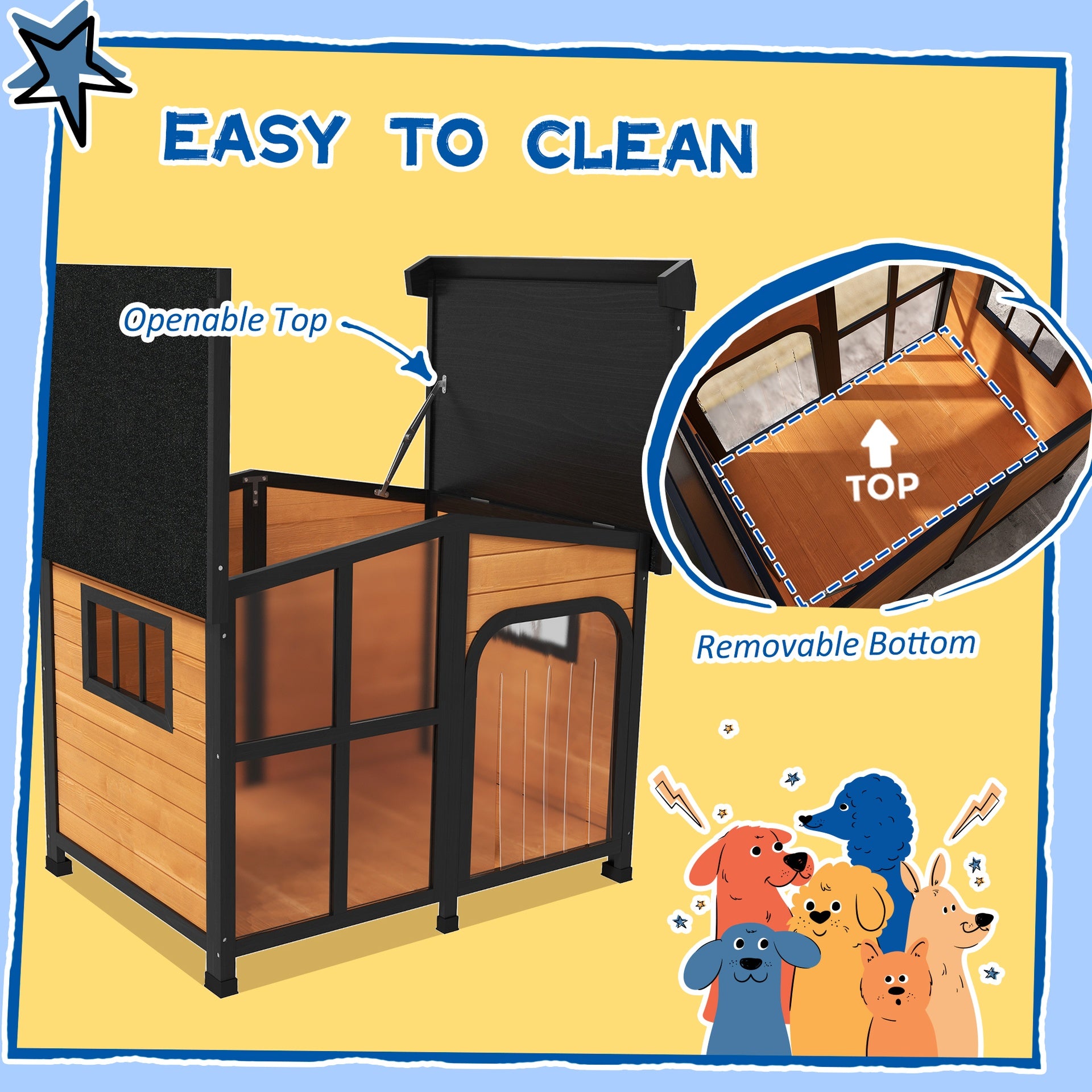 PawHut Cabin-Style Wooden Dog House for Large Dogs with Openable Roof & Giant Window, Yellow