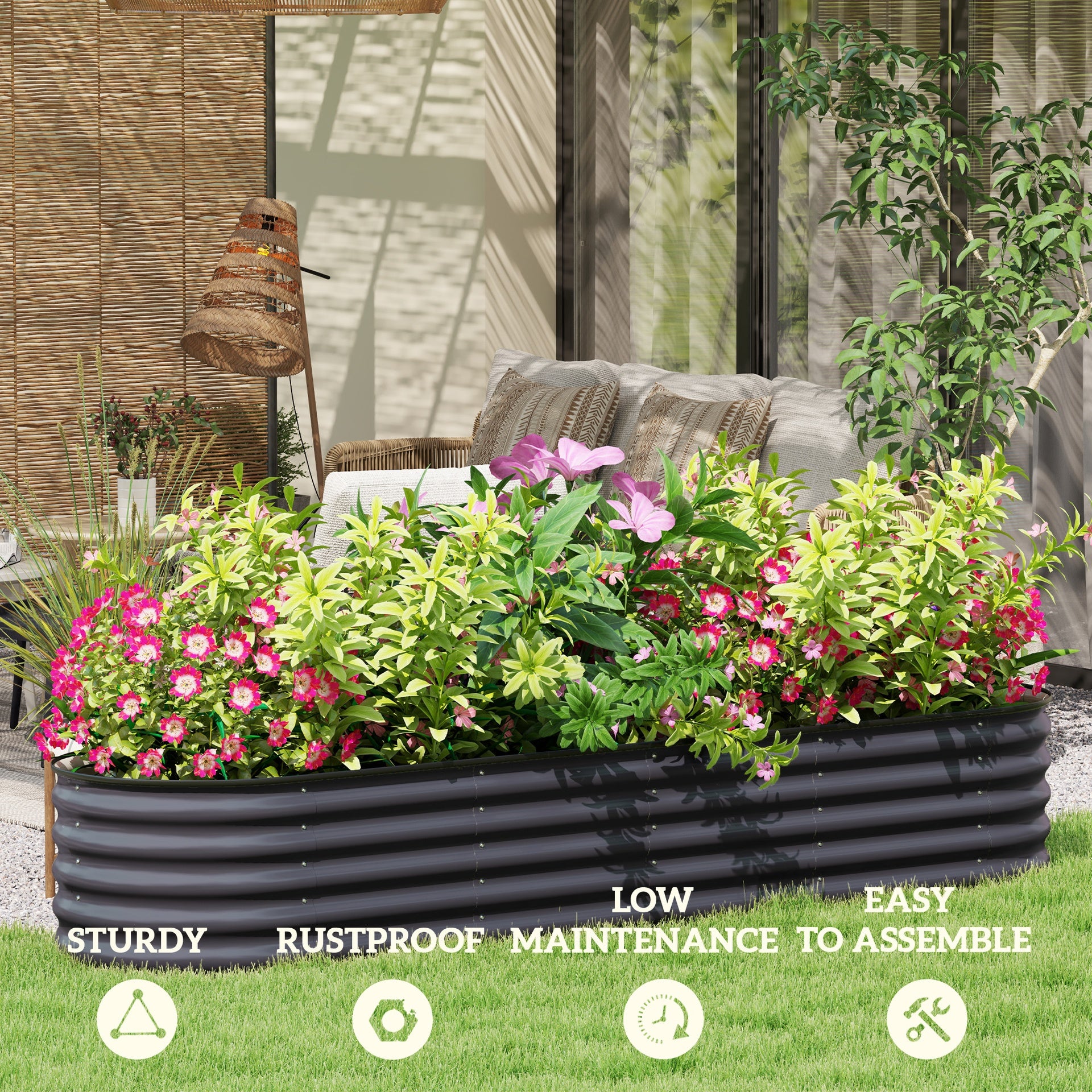 Outsunny 7.9' x 2' x 1.4' Galvanized Raised Garden Bed Kit, Metal Planter Box with Safety Edging, Dark Gray