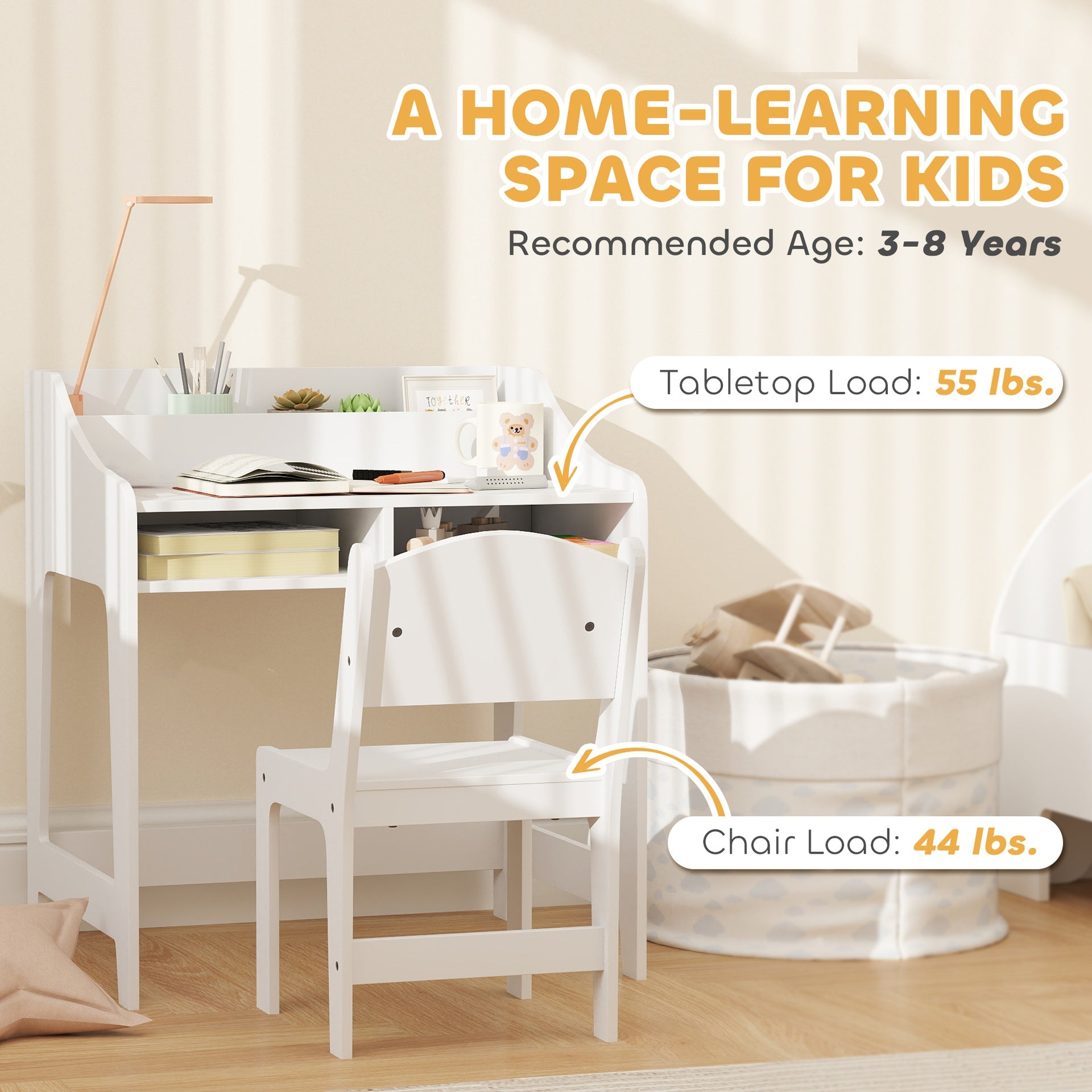 Qaba Kids Desk and Chair Set with Storage and Shelves, for Bedroom & Study Room, Gift for 3-8 Years Old, White