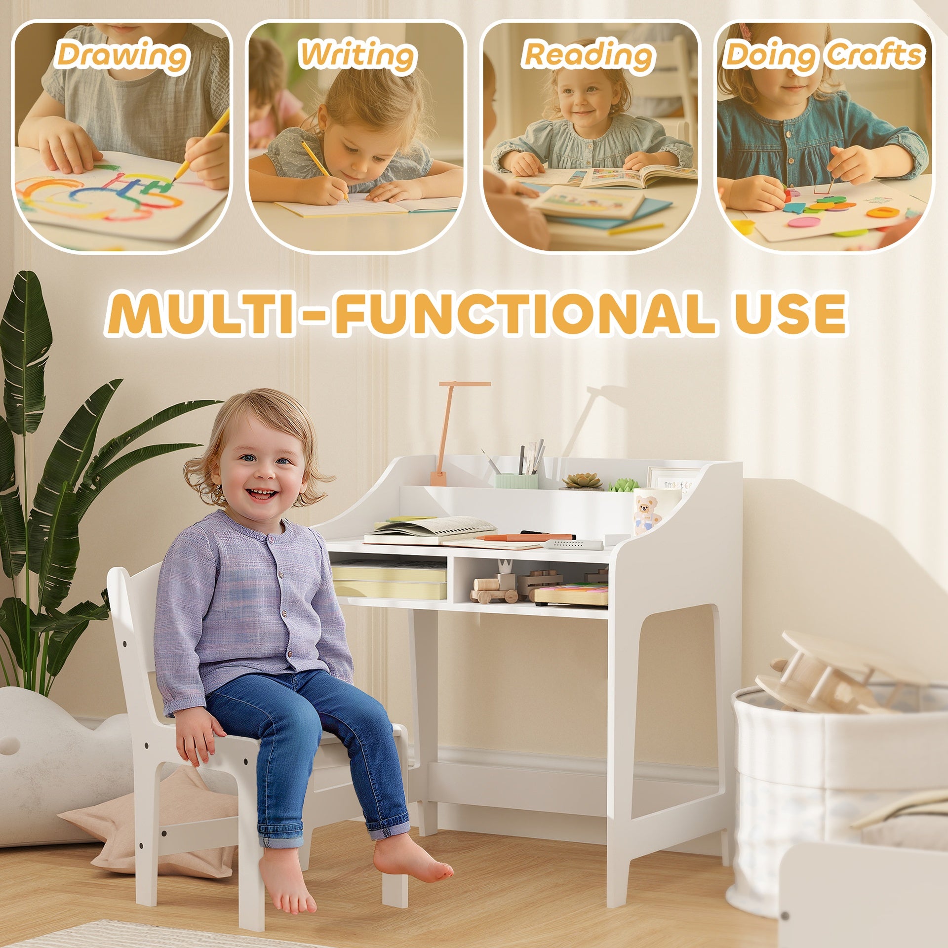 Qaba Kids Desk and Chair Set with Storage and Shelves, for Bedroom & Study Room, Gift for 3-8 Years Old, White