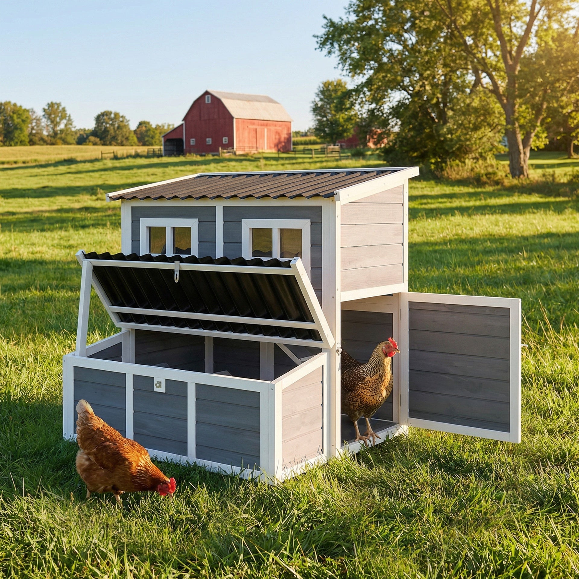 PawHut Wooden Chicken Coop with Nesting Box, Pull-Out Tray, Waterproof Roof, 39" Chicken House for 2-4 Chickens, Rabbits