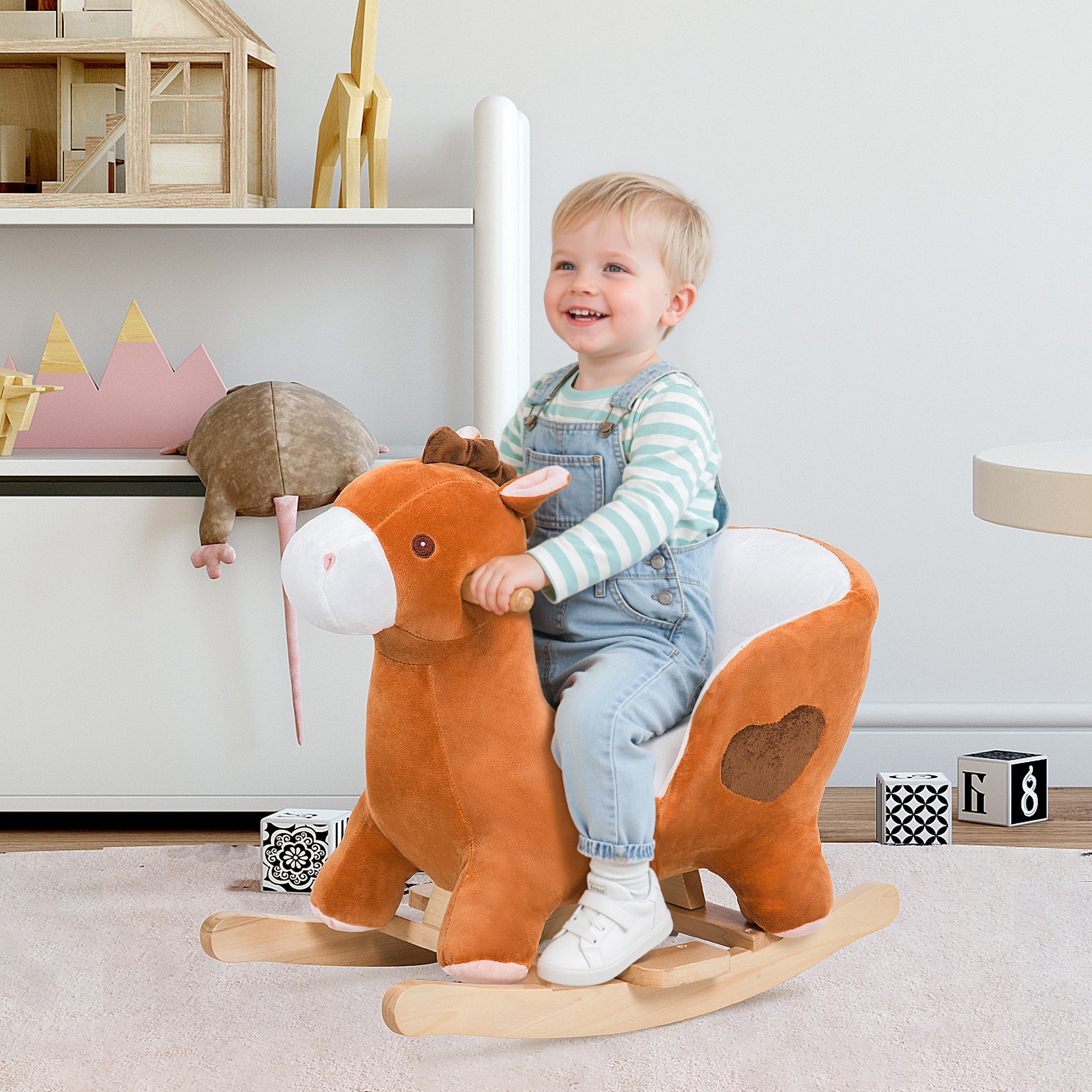 Qaba Kids Ride On Rocking Horse, Plush Animal Toy Sturdy Wooden Rocker with Songs for Boys or Girls