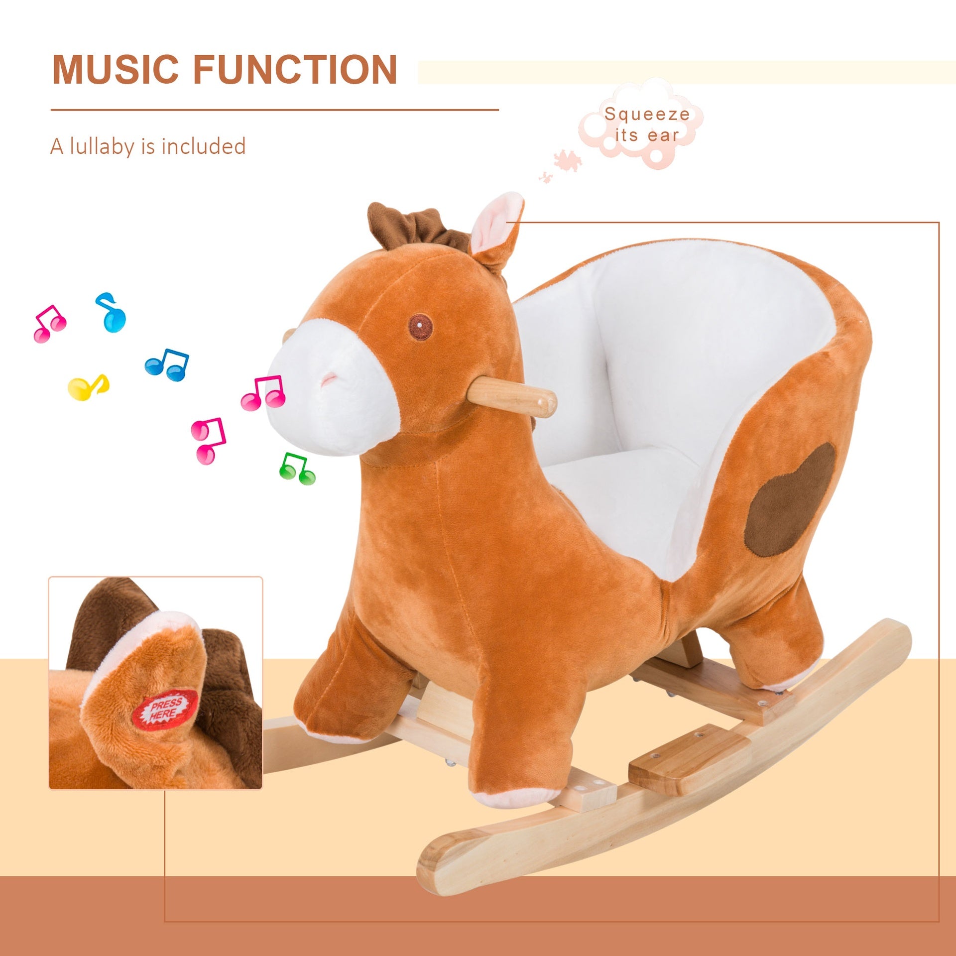 Qaba Kids Ride On Rocking Horse, Plush Animal Toy Sturdy Wooden Rocker with Songs for Boys or Girls