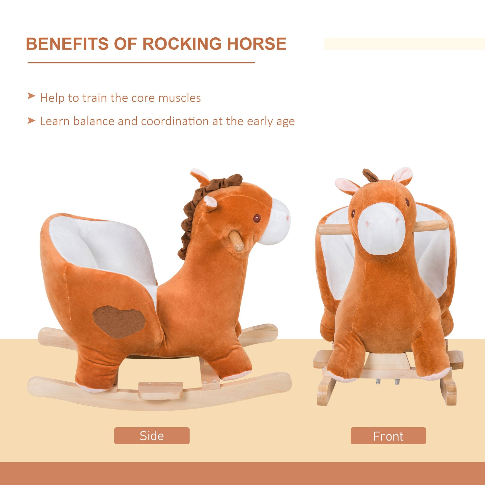 Qaba Kids Ride On Rocking Horse, Plush Animal Toy Sturdy Wooden Rocker with Songs for Boys or Girls