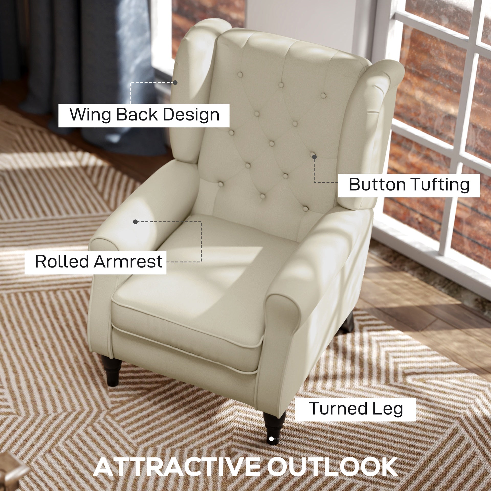 HOMCOM Button-Tufted Accent Chair with High Wingback, Rounded Cushioned Armrests and Thick Padded Seat, Cream White