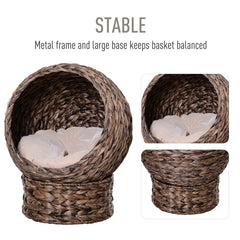PawHut Handwoven Elevated Cat Bed with Rotating Basket and Soft Cushion, Wicker Cat Egg Chair with Stand, Brown