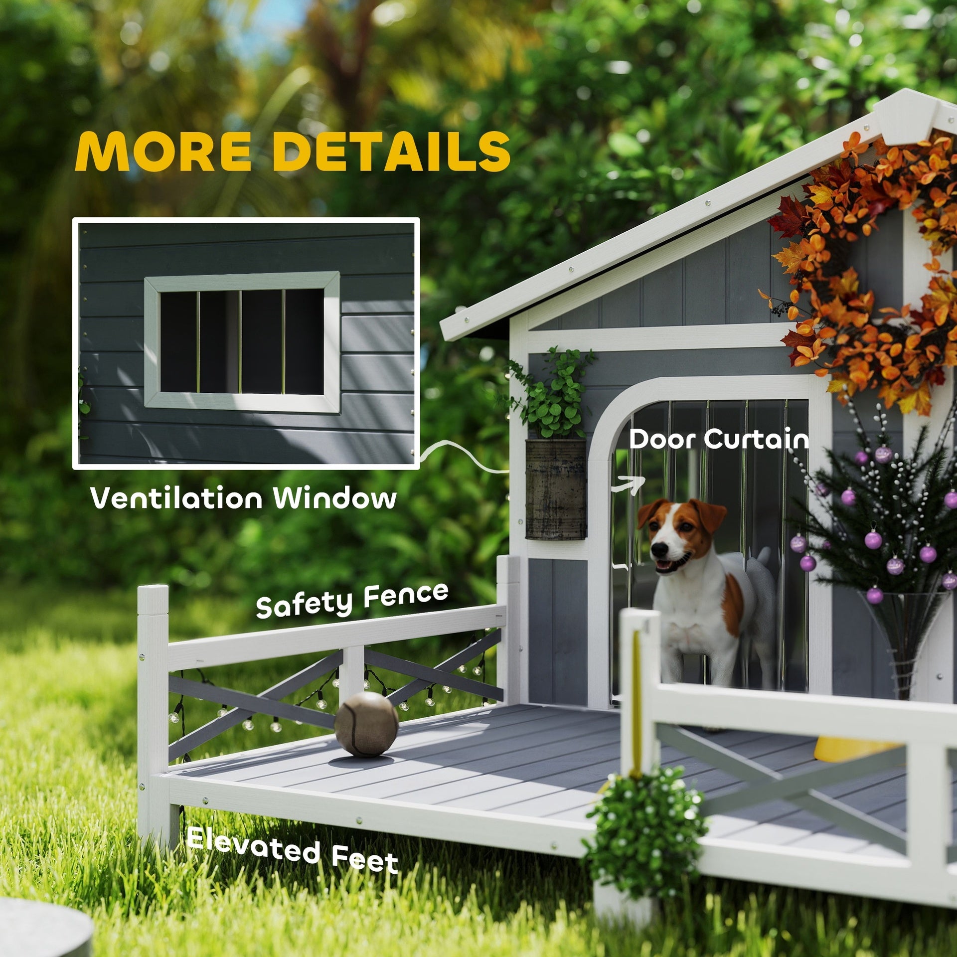 PawHut Dog House Outdoor, Wooden Dog Kennel Weatherproof with Porch, Openable Roof, Removable Bottom, Elevated Floor, Double Room for 2 Small to Medium Breeds, Gray