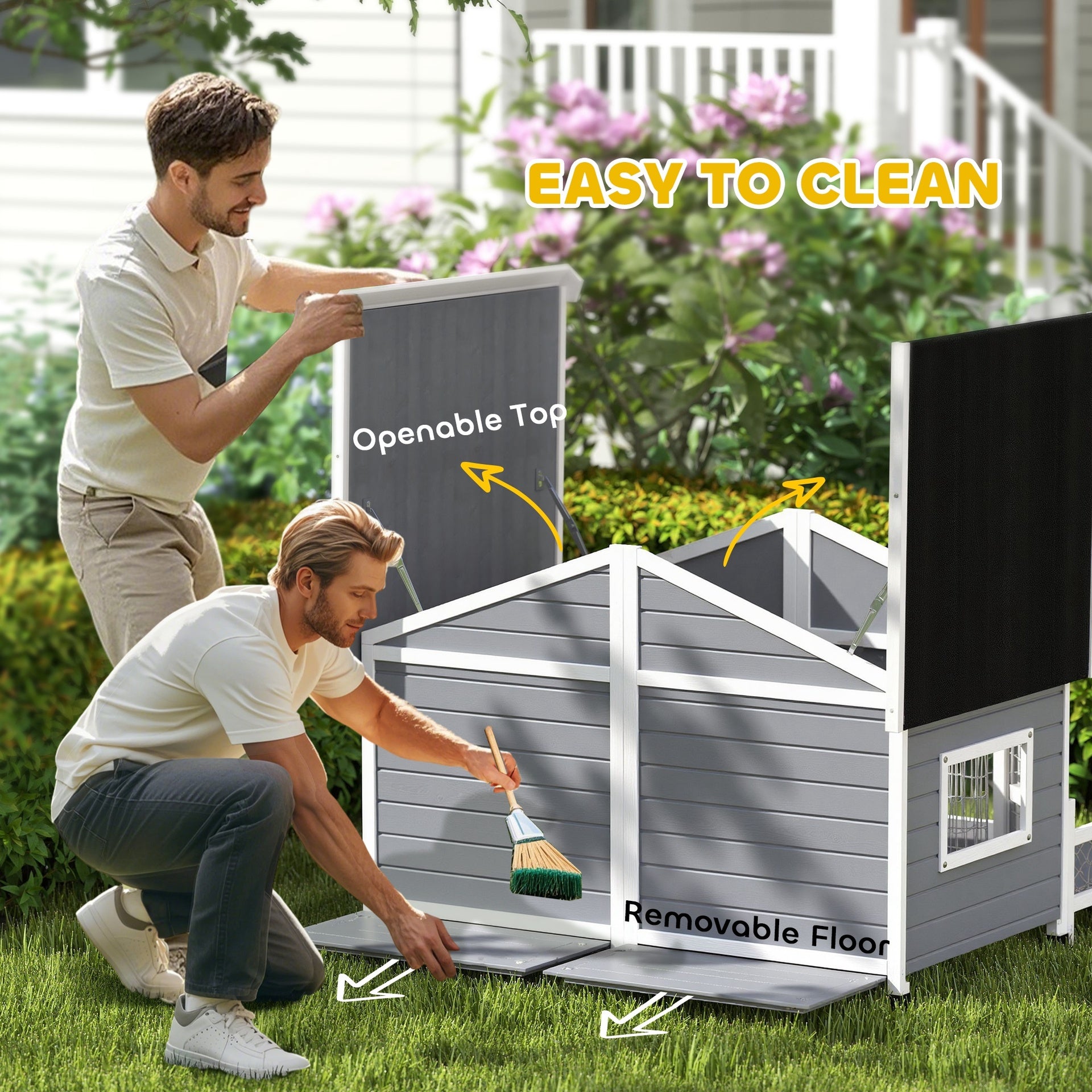 PawHut Dog House Outdoor, Wooden Dog Kennel Weatherproof with Porch, Openable Roof, Removable Bottom, Elevated Floor, Double Room for 2 Small to Medium Breeds, Gray