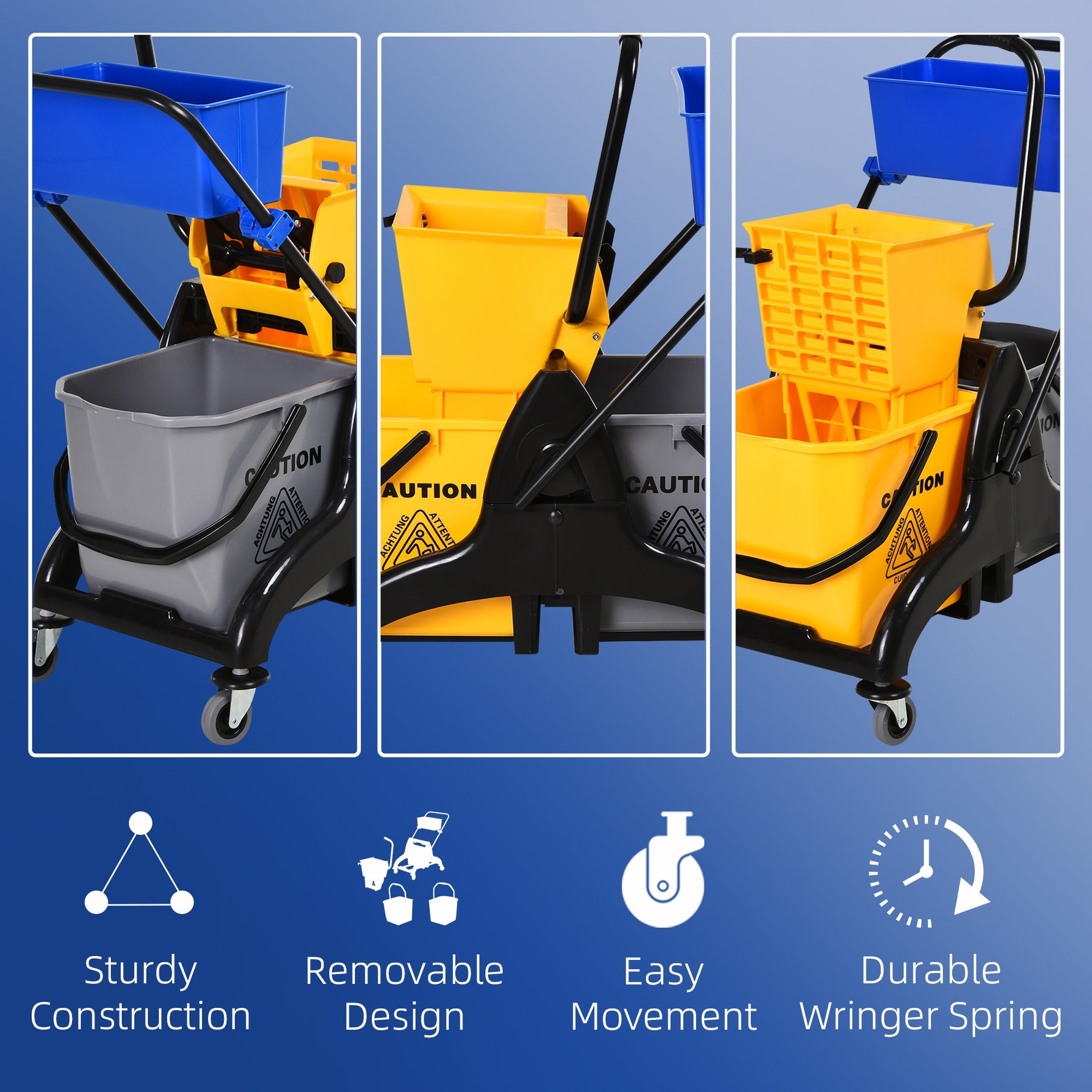 HOMCOM 2 x 6.9 Gallon Mop Water Bucket Wringer Cart with Easy to Use Side Press Wringer, Smooth Wheels, Mop-Handle Holder